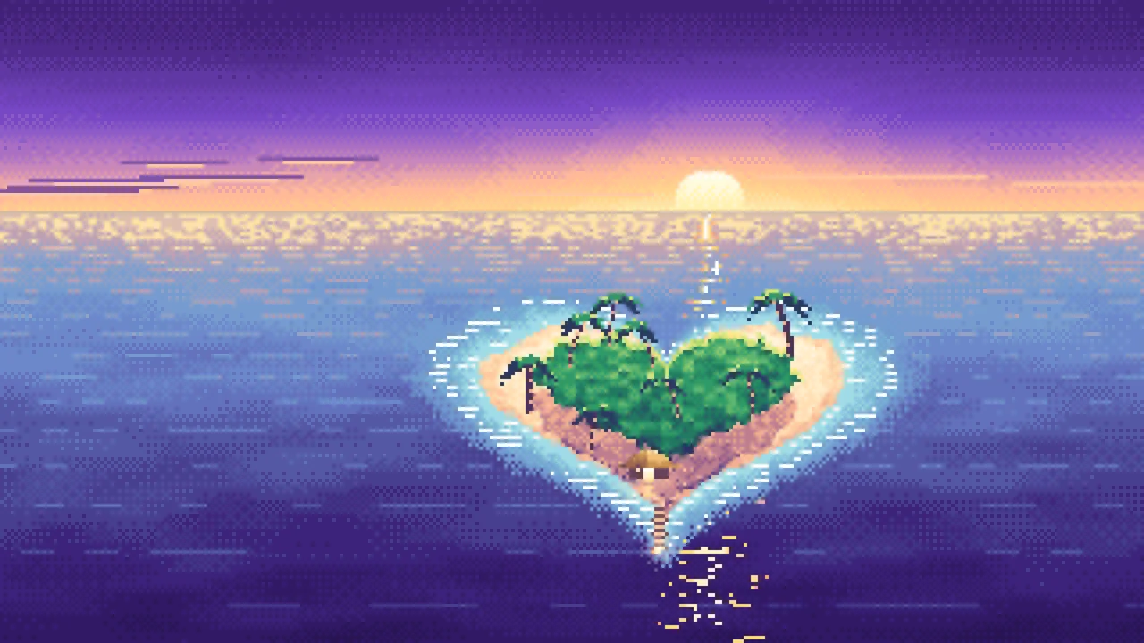 Purple Pixel Art Heart Island at Sunset desktop wallpaper in 4K