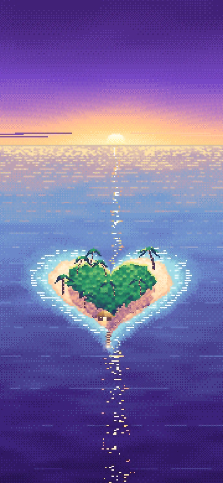 Purple Pixel Art Heart Island at Sunset wallpaper for iPhone and Android