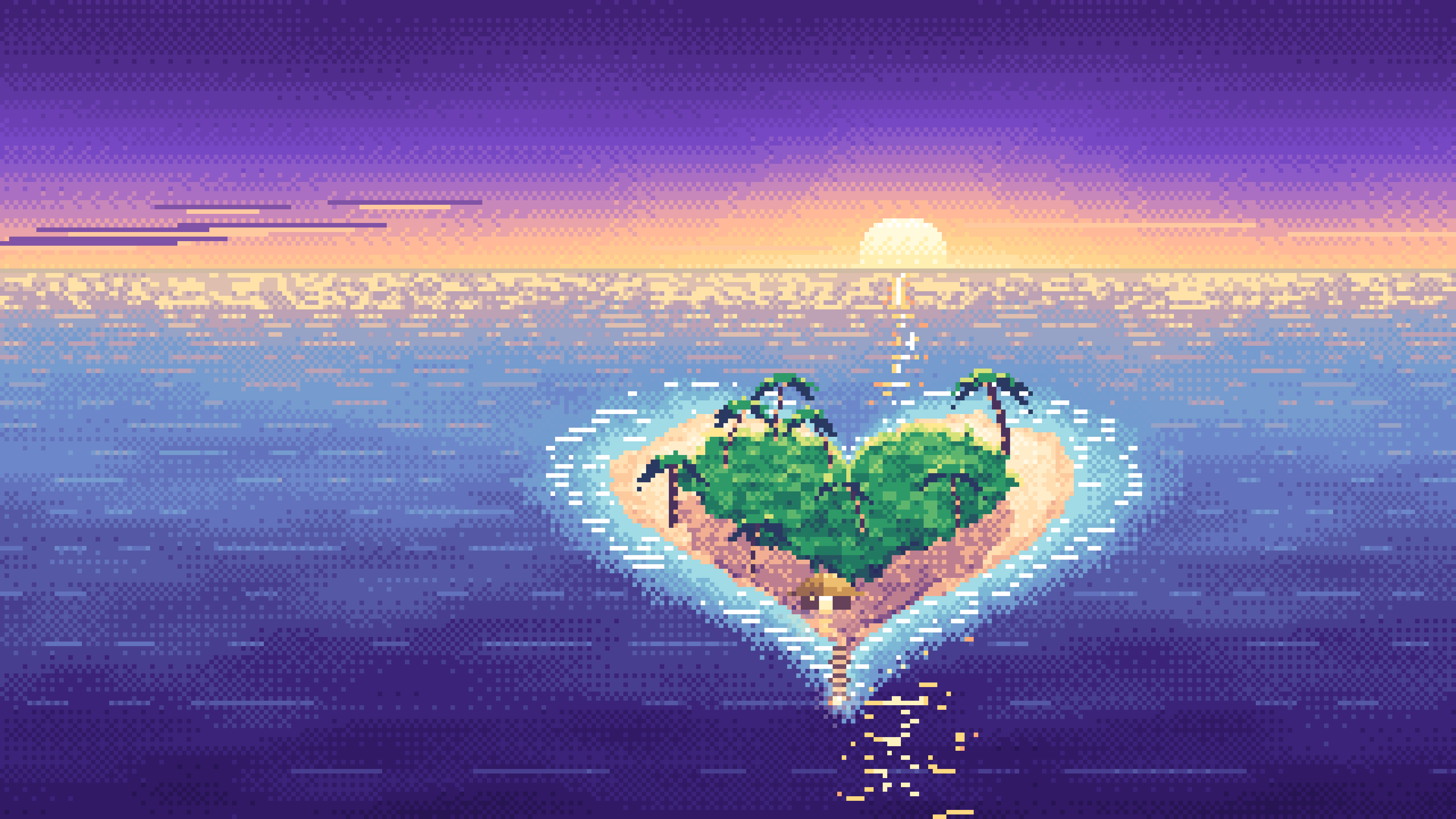 Purple Pixel Art Heart Island at Sunset desktop wallpaper in 4K