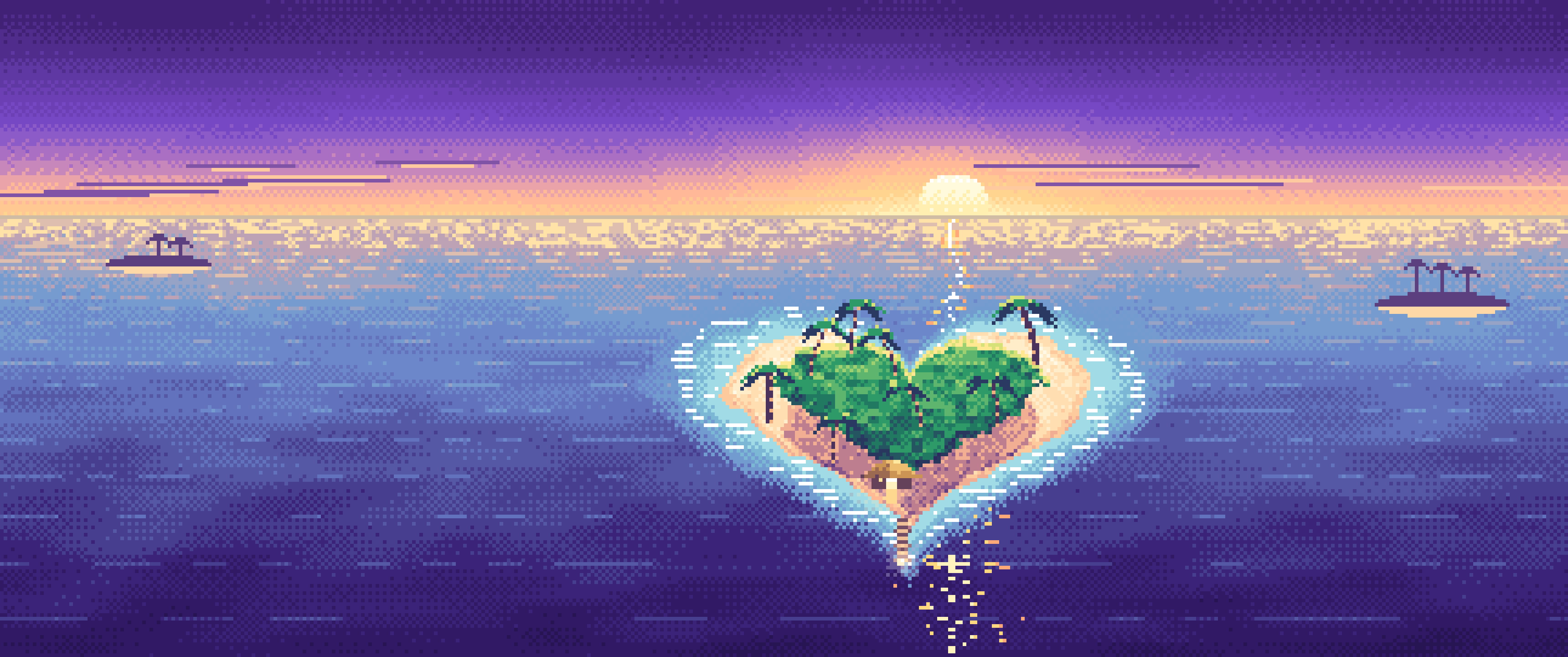 Purple Pixel Art Heart Island at Sunset ultrawide wallpaper, 3440 × 1440