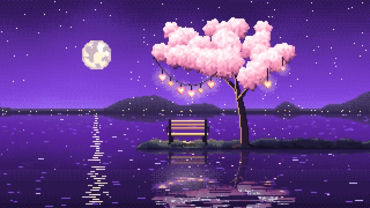 Purple Pixel Art Heart Lanterns in a Blossom Tree by a Lake desktop wallpaper in 4K