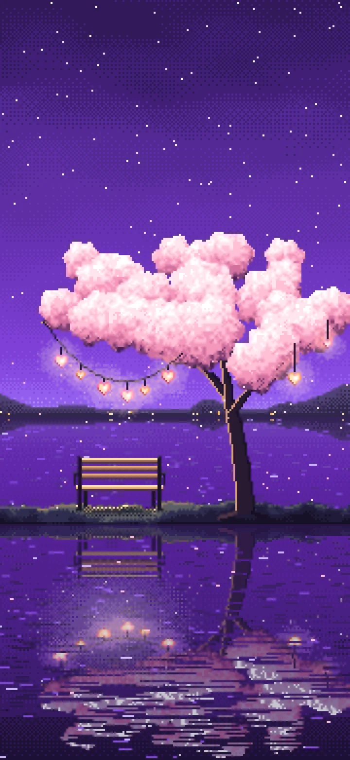 Purple Pixel Art Heart Lanterns in a Blossom Tree by a Lake wallpaper for iPhone and Android