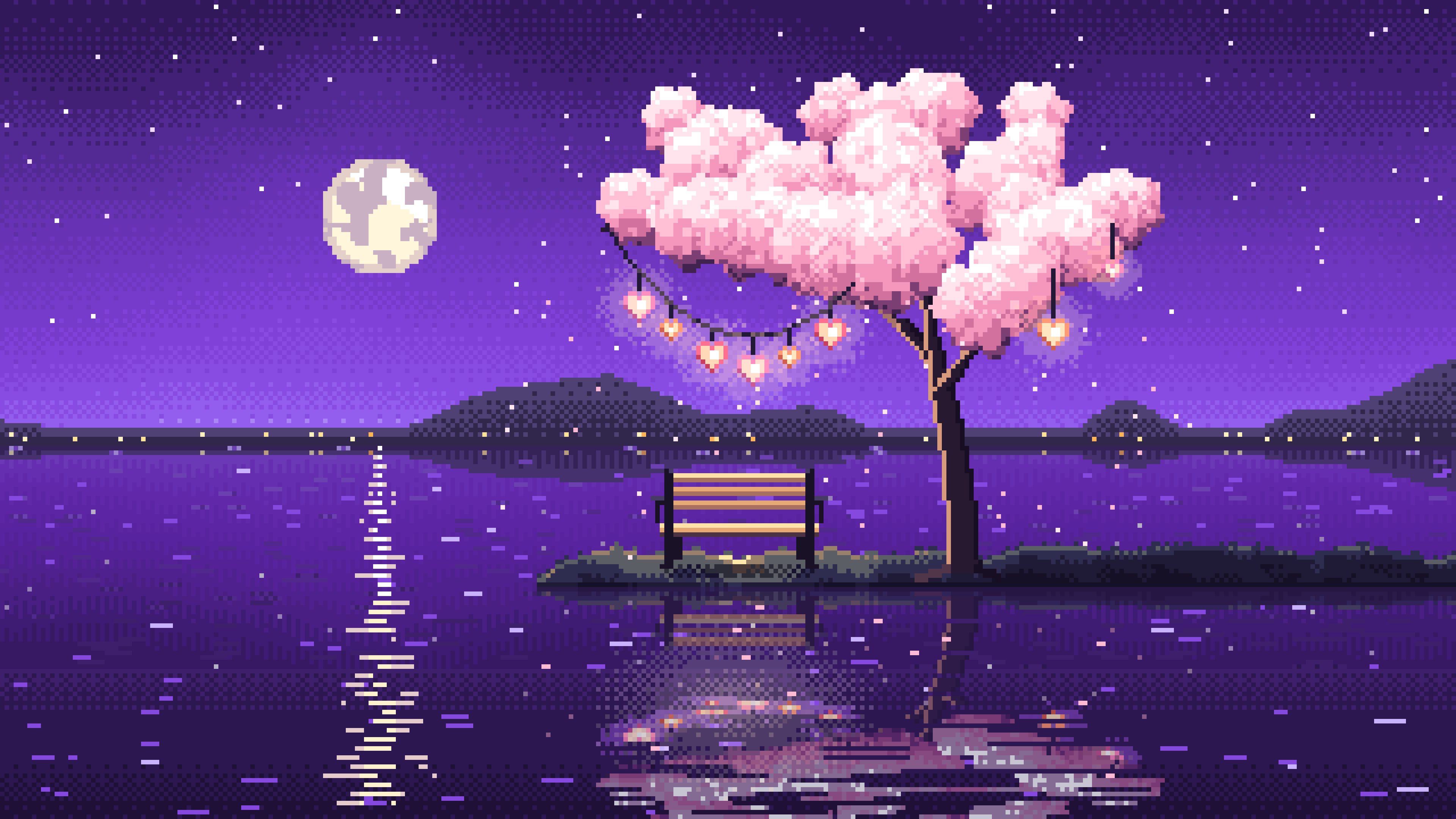 Purple Pixel Art Heart Lanterns in a Blossom Tree by a Lake desktop wallpaper in 4K
