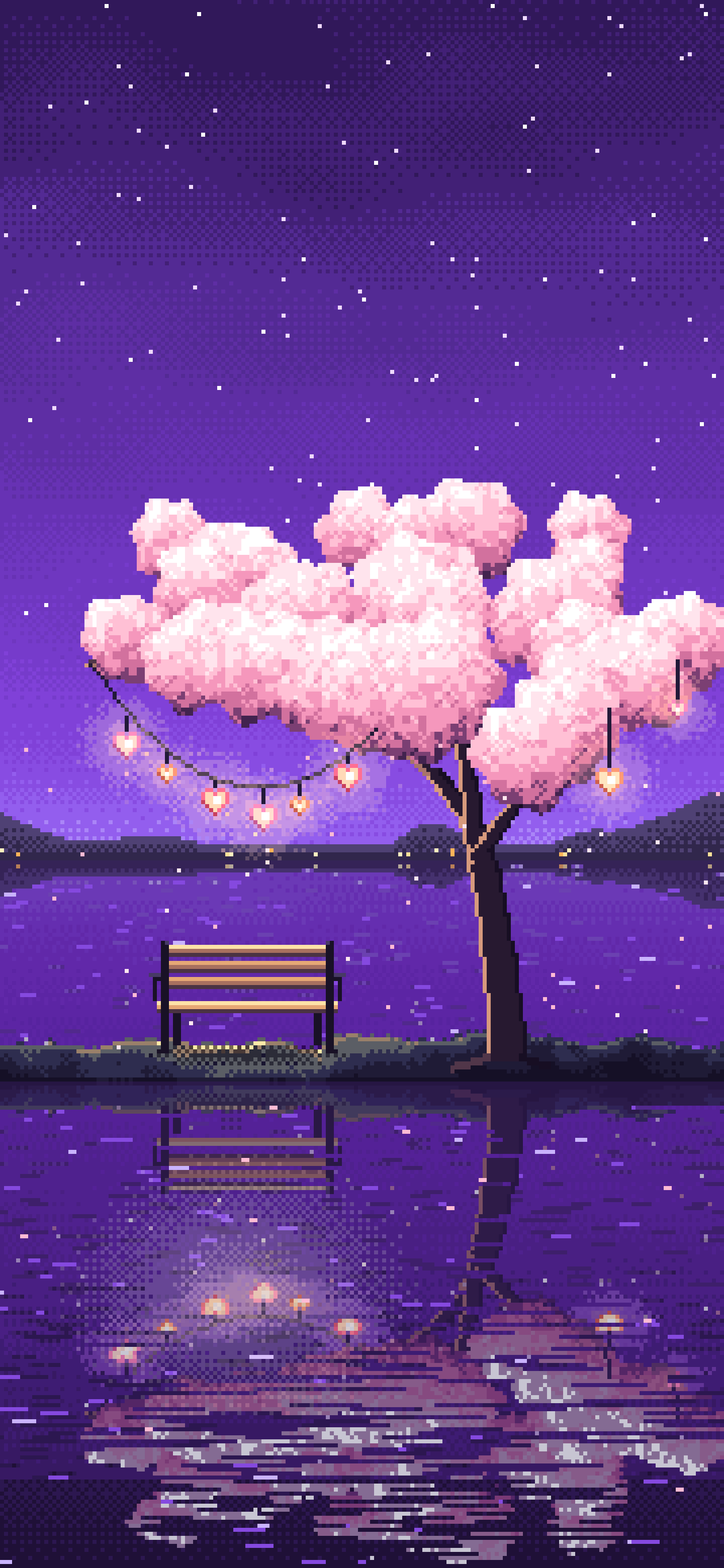 Purple Pixel Art Heart Lanterns in a Blossom Tree by a Lake wallpaper for iPhone and Android
