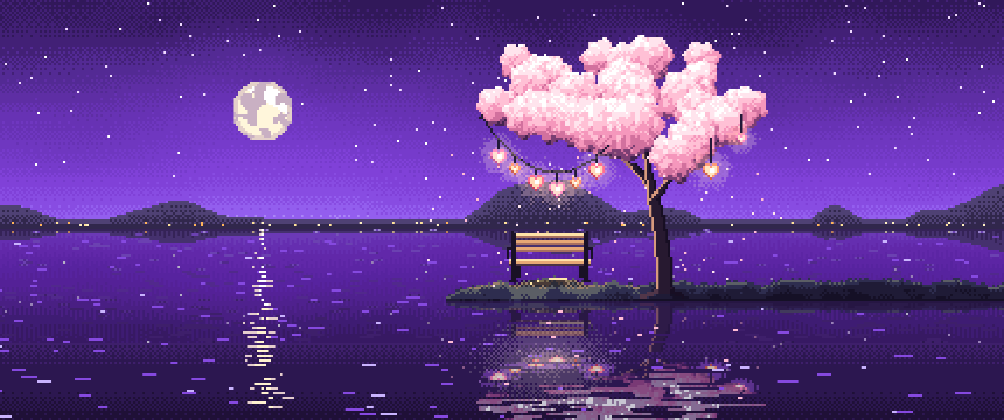 Purple Pixel Art Heart Lanterns in a Blossom Tree by a Lake ultrawide wallpaper, 3440 × 1440