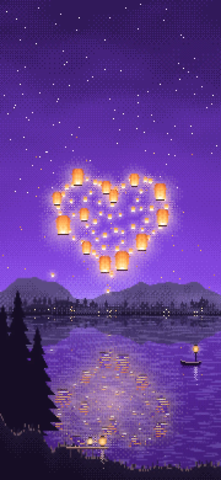 Purple Pixel Art Heart of Sky Lanterns Over a Lake wallpaper for iPhone and Android