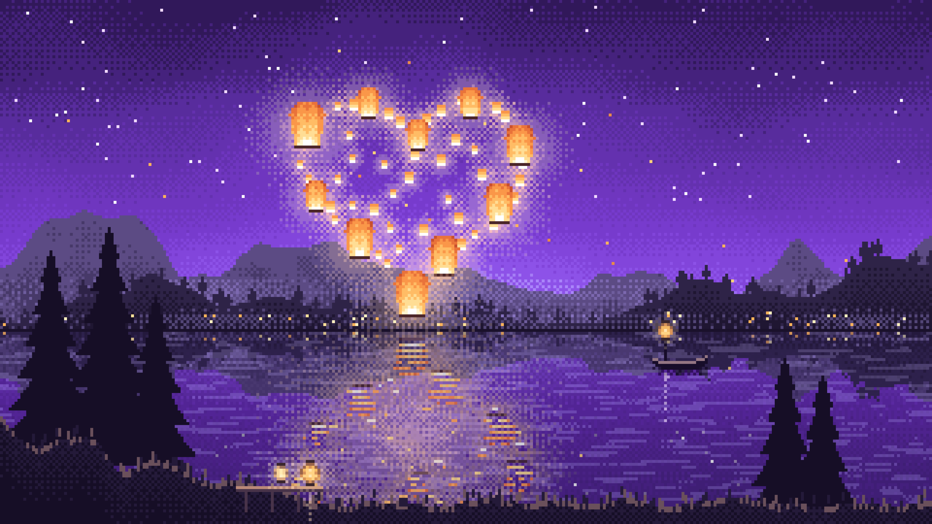 Purple Pixel Art Heart of Sky Lanterns Over a Lake desktop wallpaper in 4K
