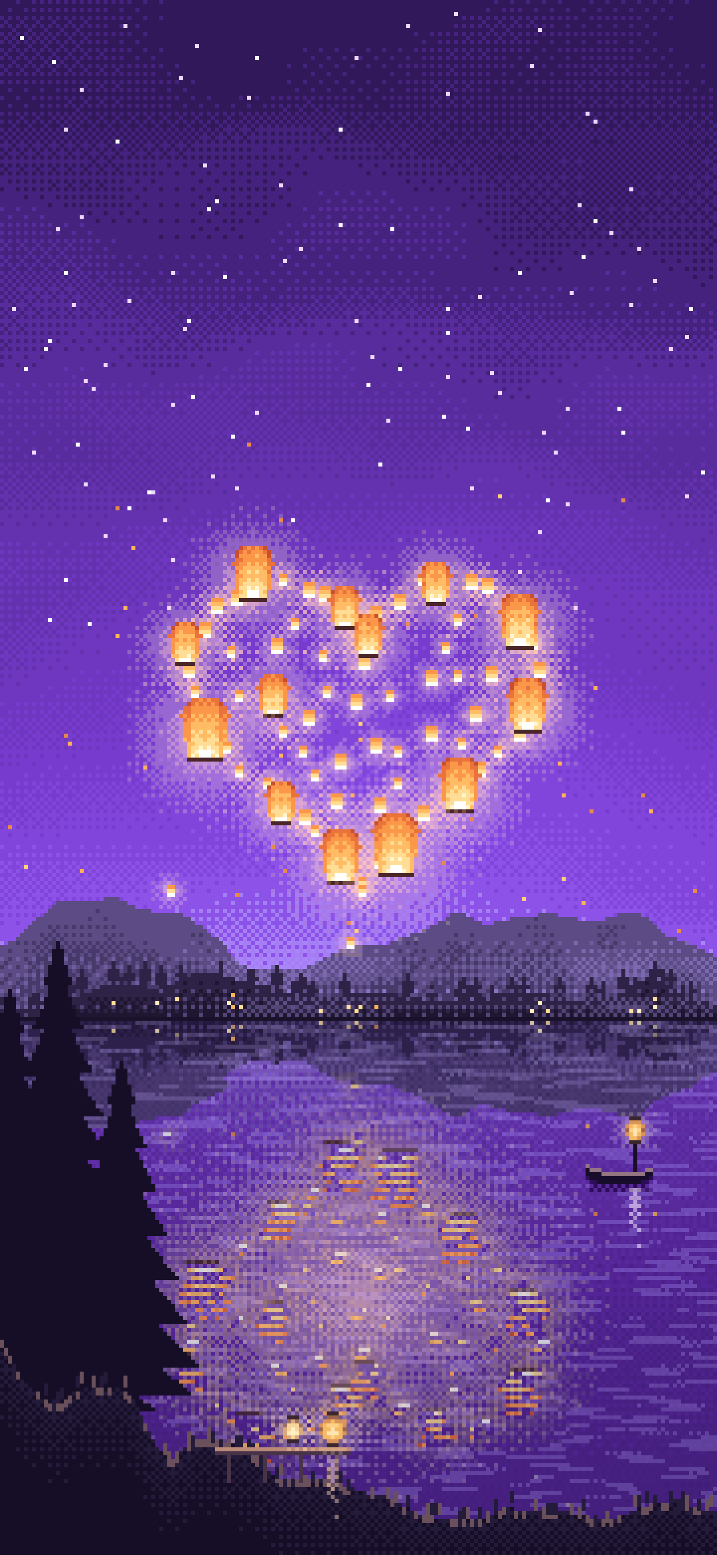 Purple Pixel Art Heart of Sky Lanterns Over a Lake wallpaper for iPhone and Android