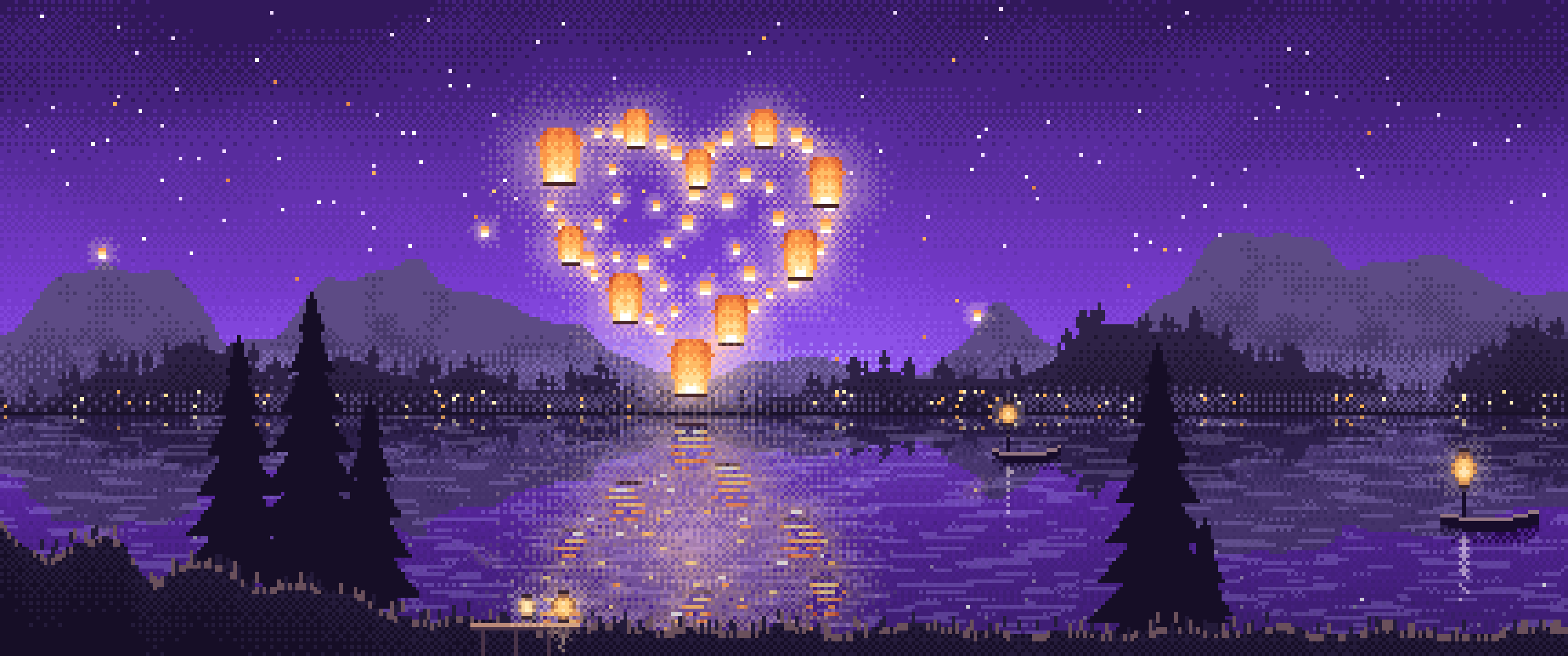 Purple Pixel Art Heart of Sky Lanterns Over a Lake ultrawide wallpaper, 3440 × 1440