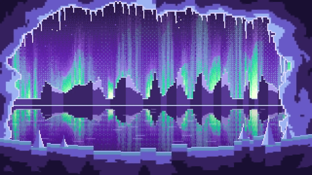 Purple Pixel Art Ice Cave and Northern Lights desktop wallpaper in 4K