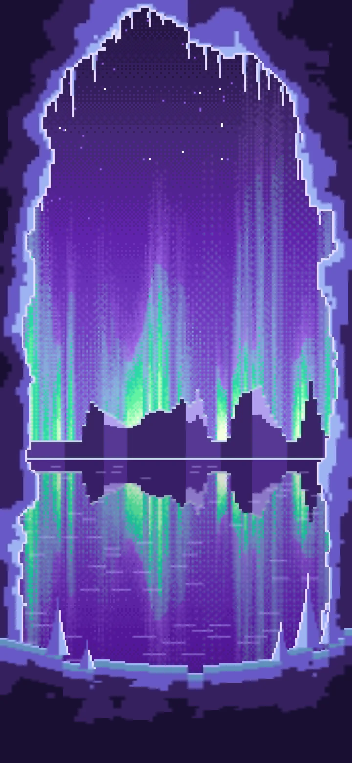 Purple Pixel Art Ice Cave and Northern Lights wallpaper for iPhone and Android