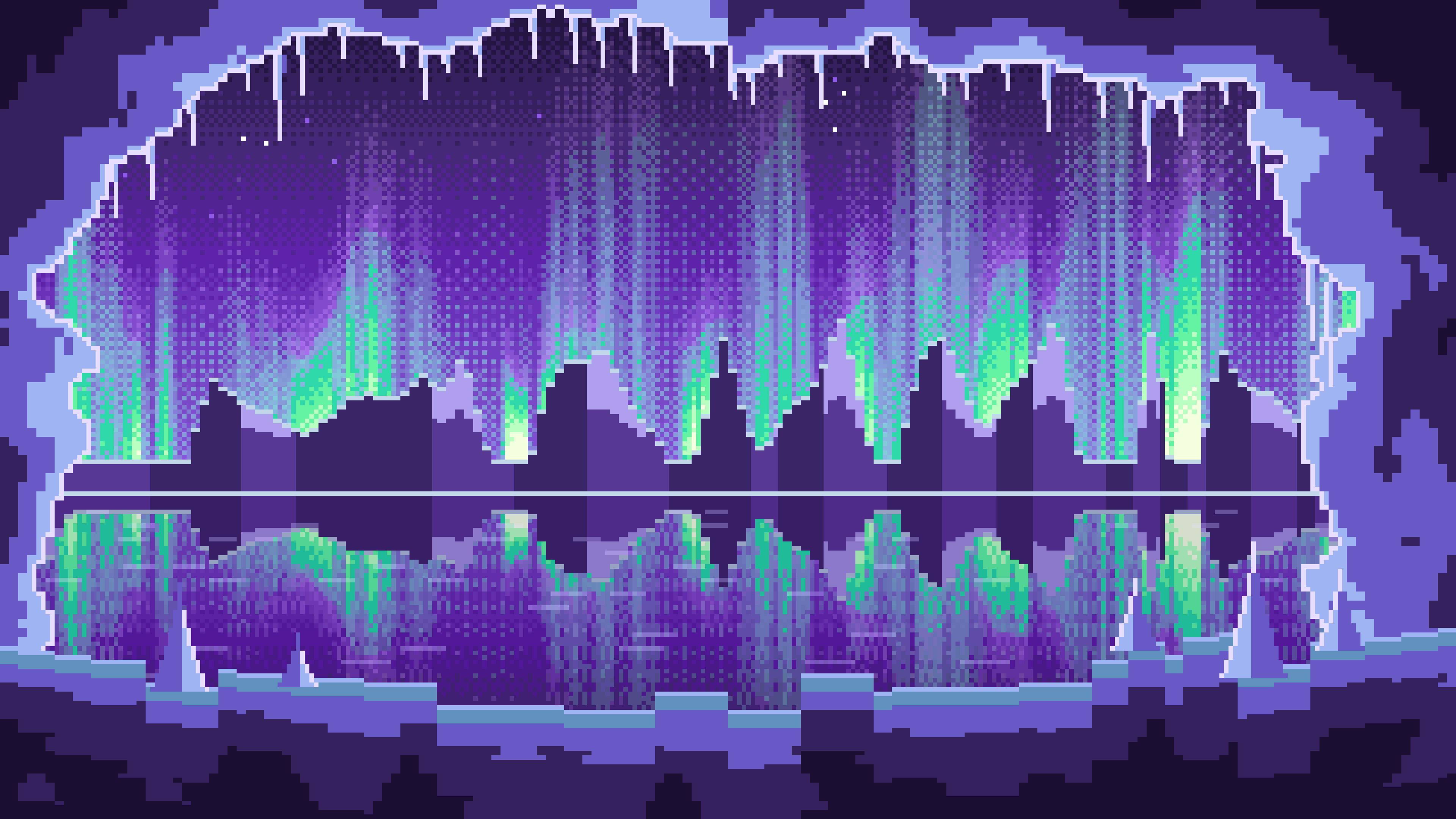 Purple Pixel Art Ice Cave and Northern Lights desktop wallpaper in 4K