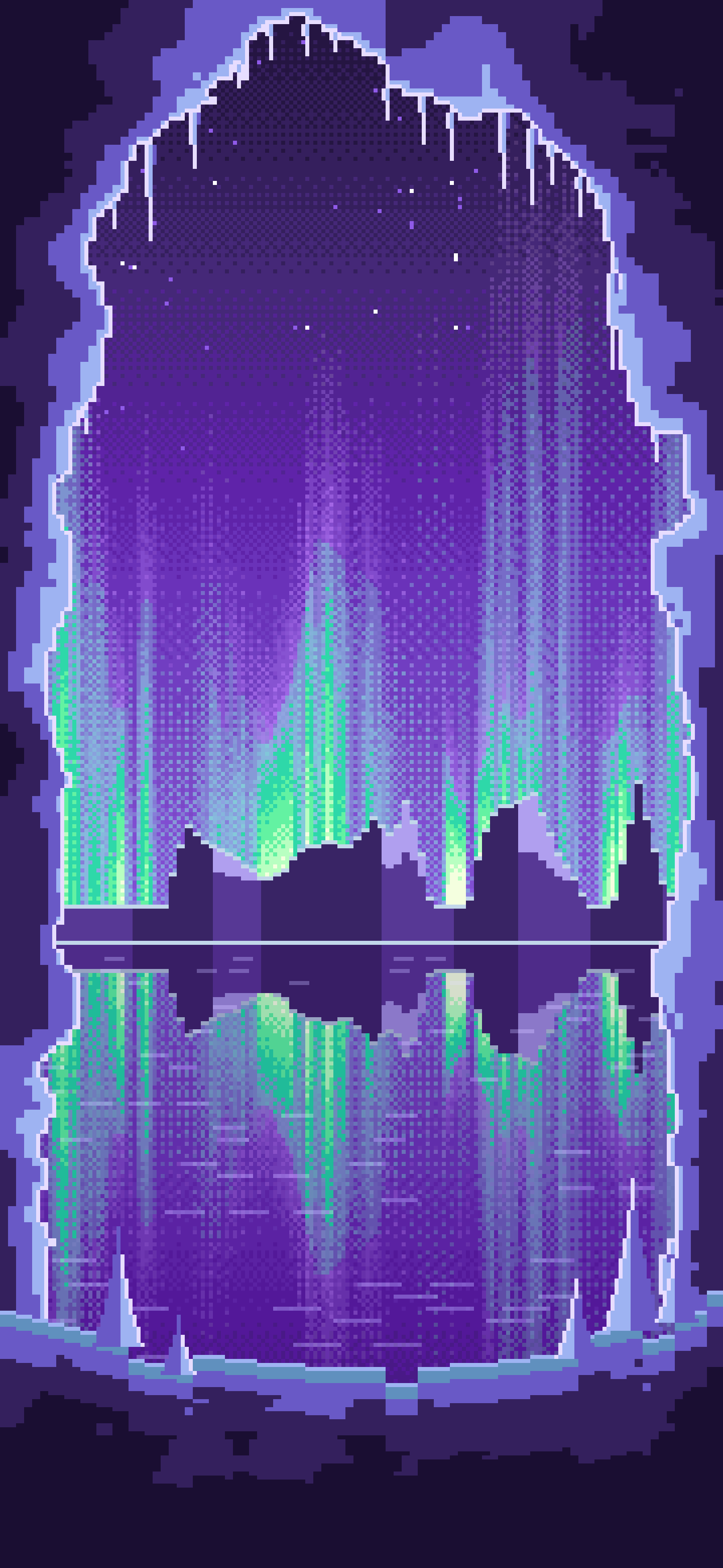 Purple Pixel Art Ice Cave and Northern Lights wallpaper for iPhone and Android