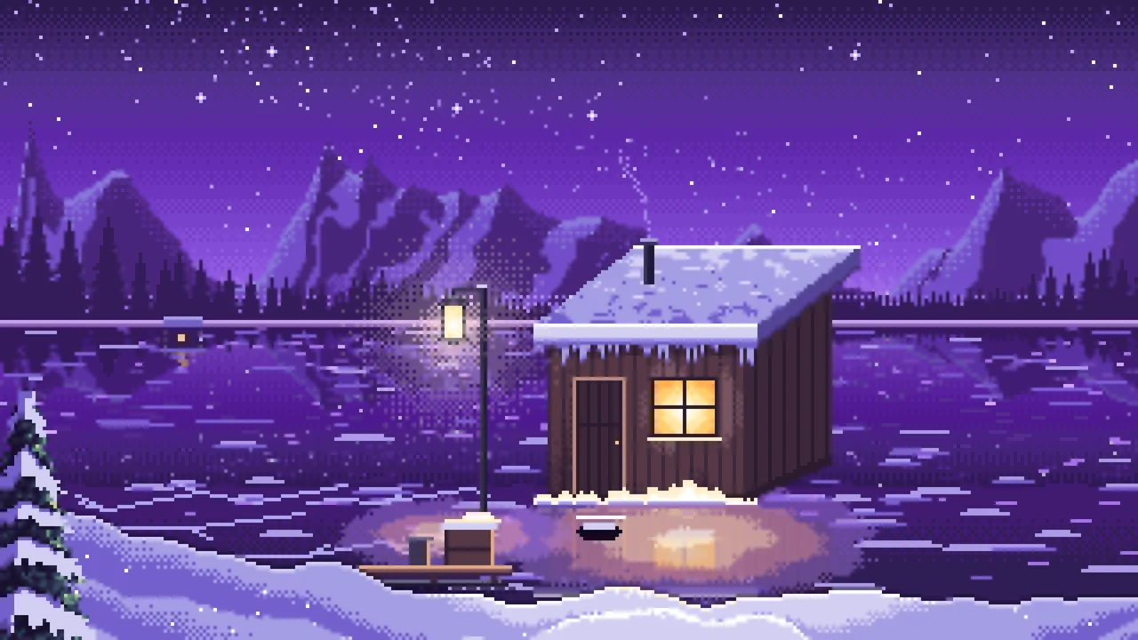 Purple Pixel Art Ice Fishing Hut on a Frozen Lake desktop wallpaper in 4K