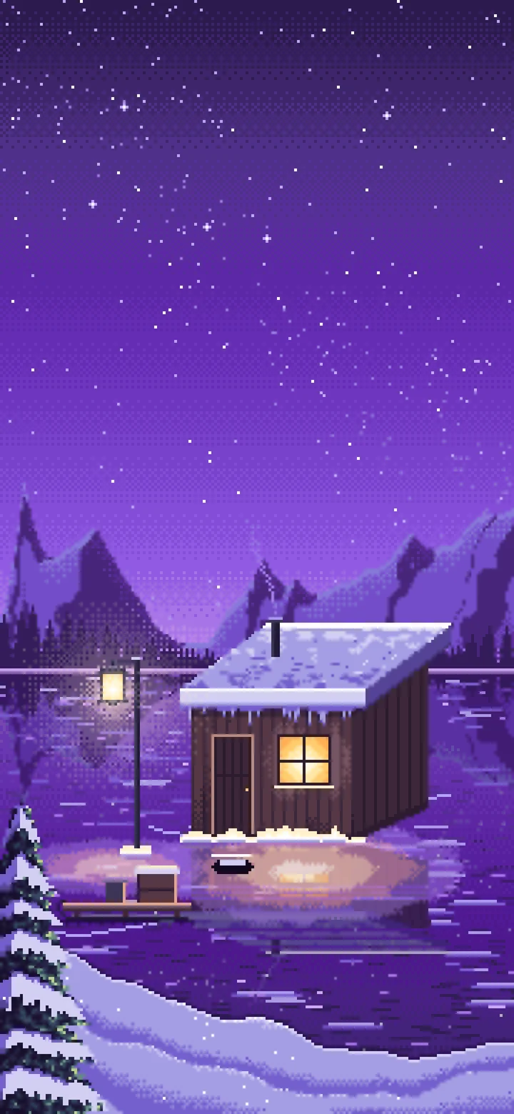 Purple Pixel Art Ice Fishing Hut on a Frozen Lake wallpaper for iPhone and Android