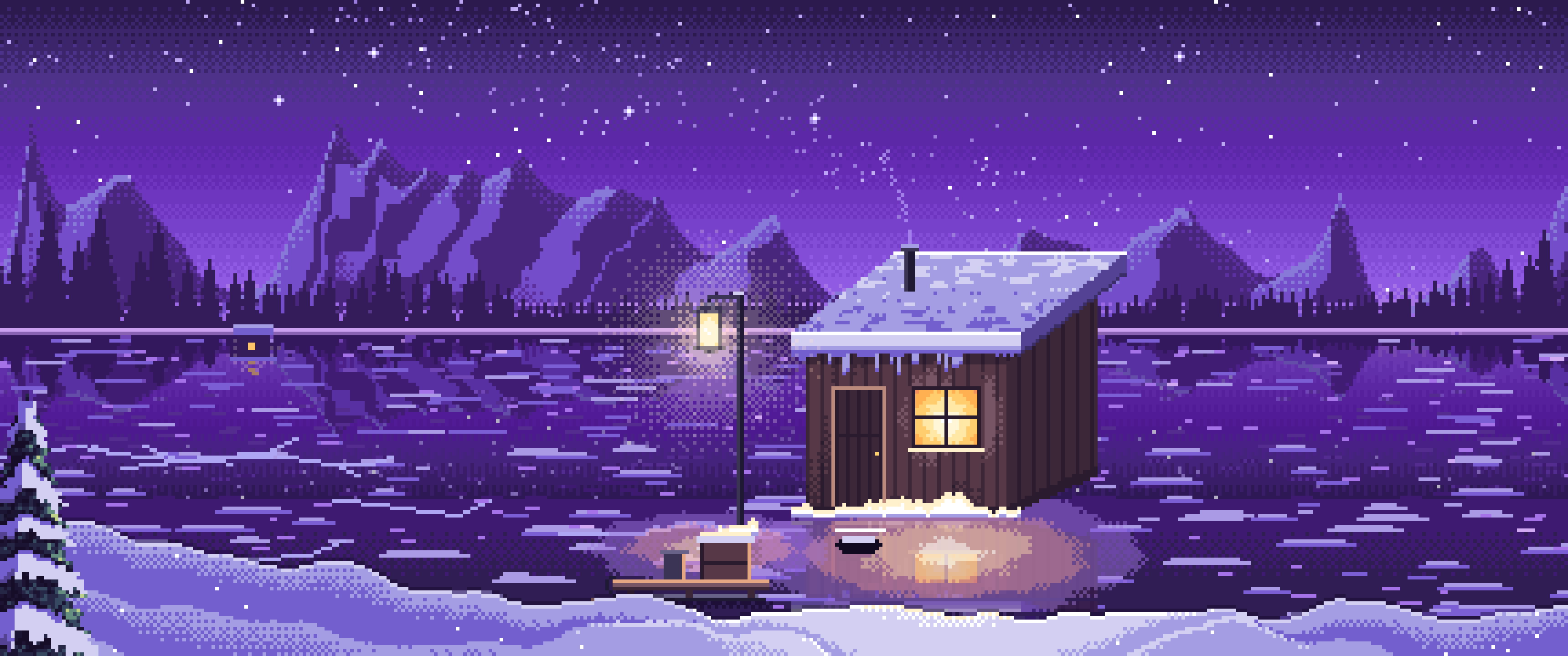 Purple Pixel Art Ice Fishing Hut on a Frozen Lake ultrawide wallpaper, 3440 × 1440