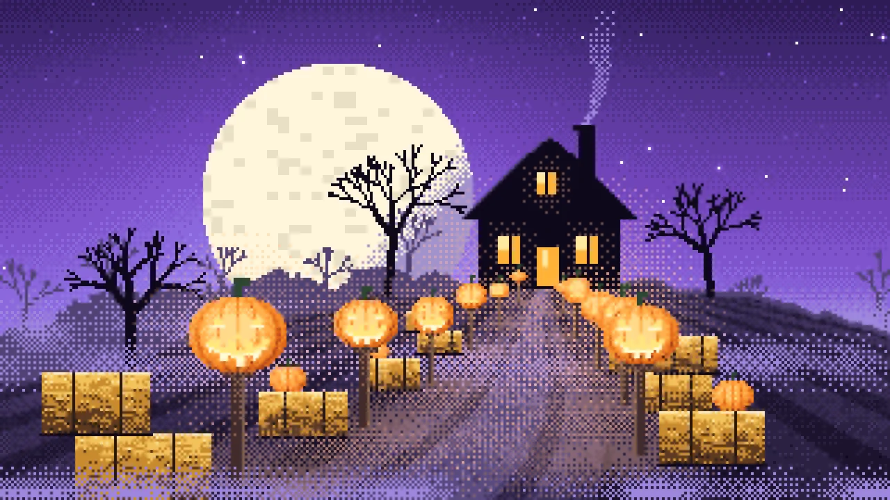 Purple Pixel Art Jack O Lantern Path desktop wallpaper in 4K
