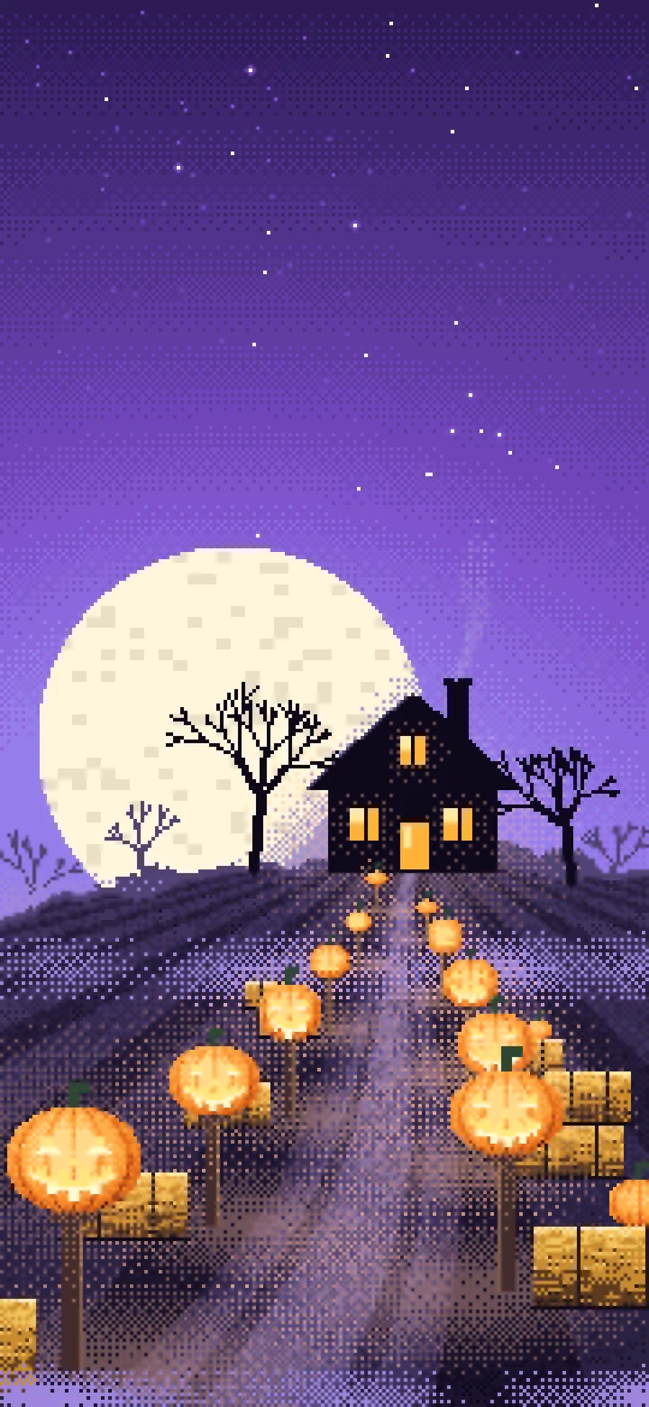 Purple Pixel Art Jack O Lantern Path wallpaper for iPhone and Android