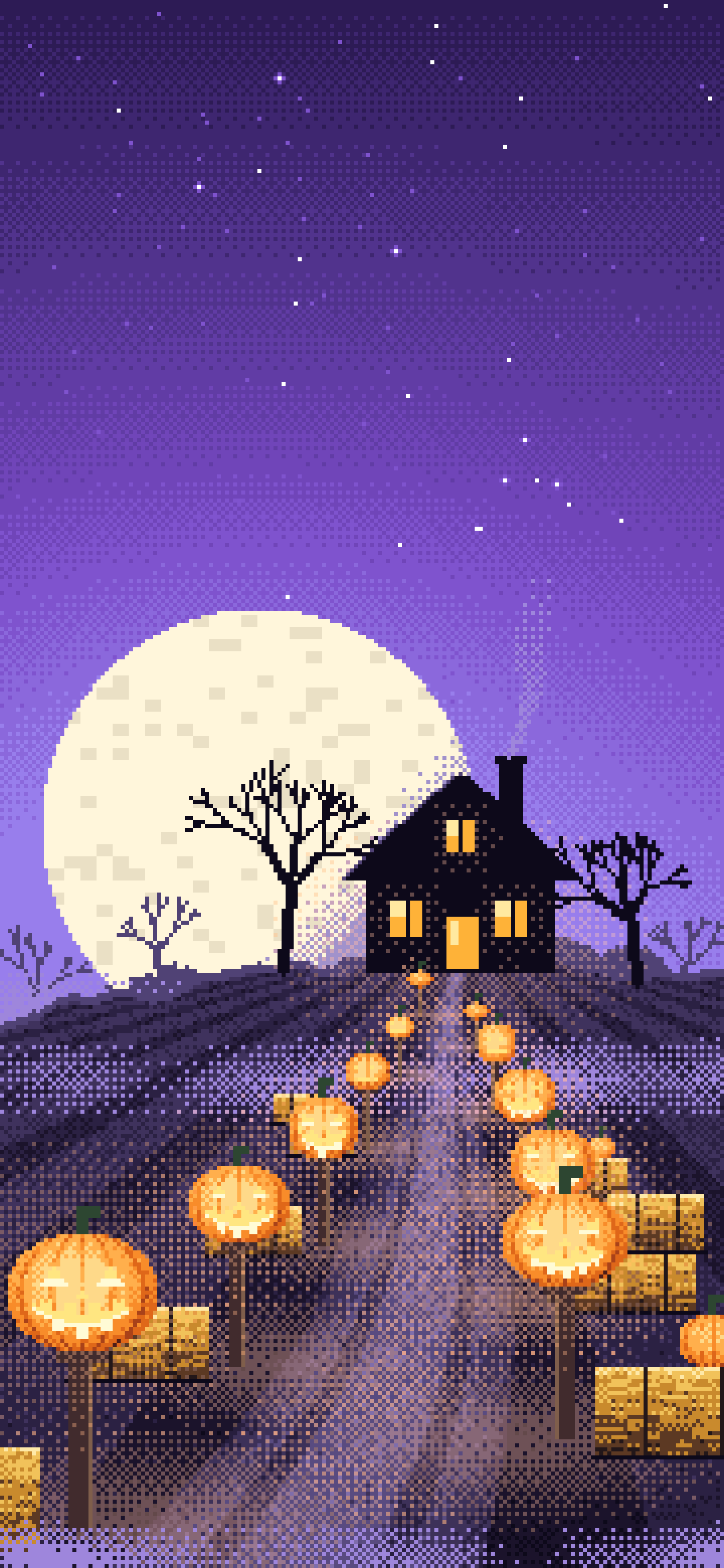 Purple Pixel Art Jack O Lantern Path wallpaper for iPhone and Android