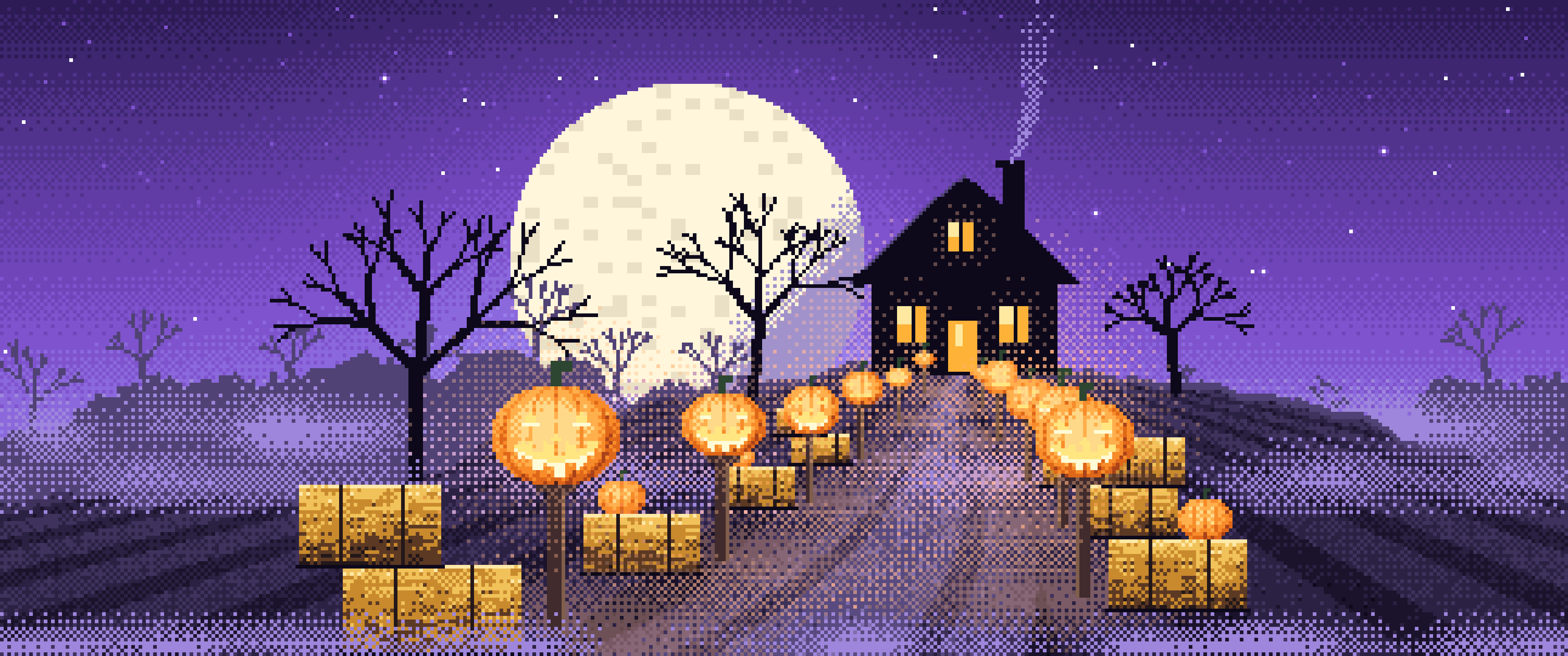 Purple Pixel Art Jack O Lantern Path ultrawide wallpaper, 3440 × 1440