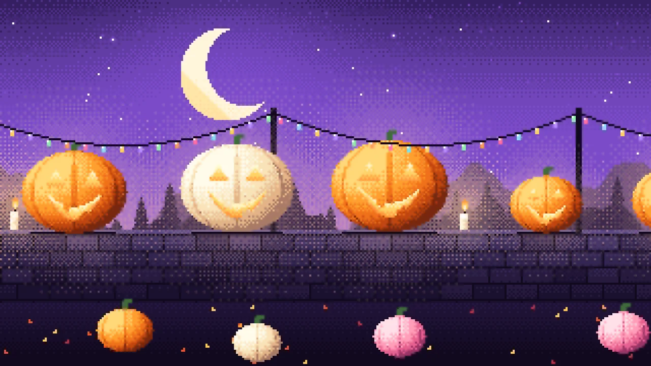 Purple Pixel Art Jack O Lanterns desktop wallpaper in 4K