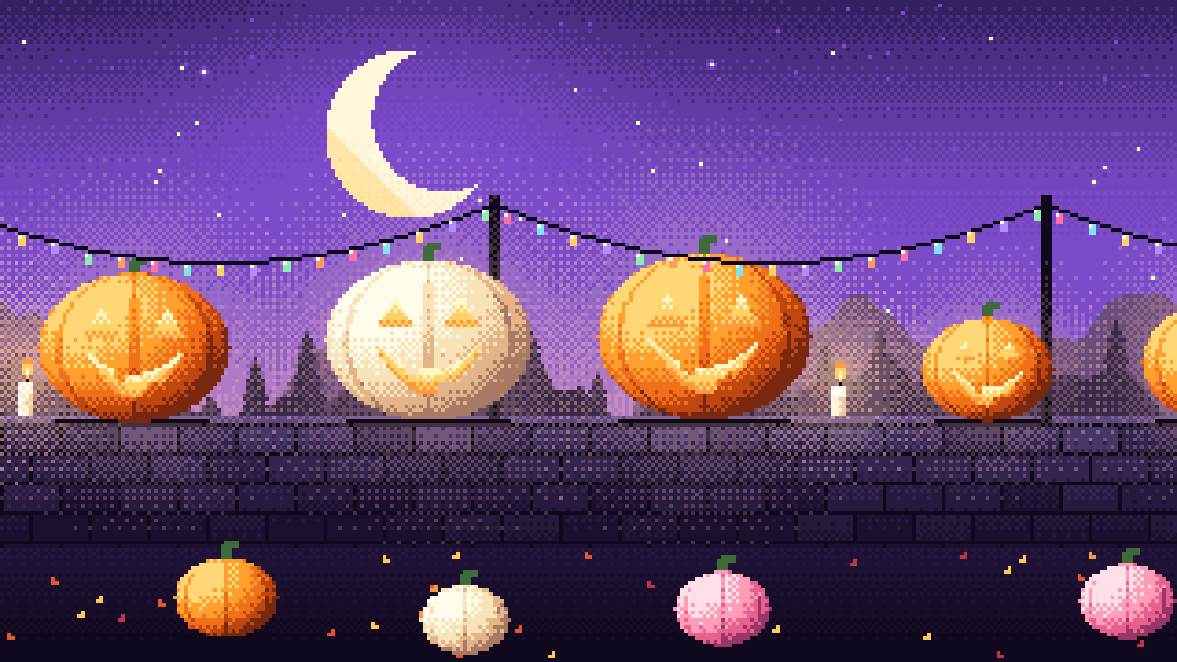 Purple Pixel Art Jack O Lanterns desktop wallpaper in 4K