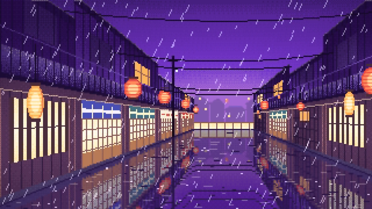 Purple Pixel Art Japanese Alley at Night in the Rain desktop wallpaper in 4K