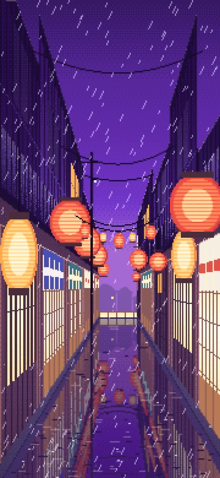 Purple Pixel Art Japanese Alley at Night in the Rain wallpaper for iPhone and Android