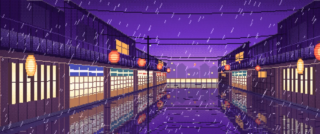 Purple Pixel Art Japanese Alley at Night in the Rain ultrawide wallpaper, 3440 × 1440