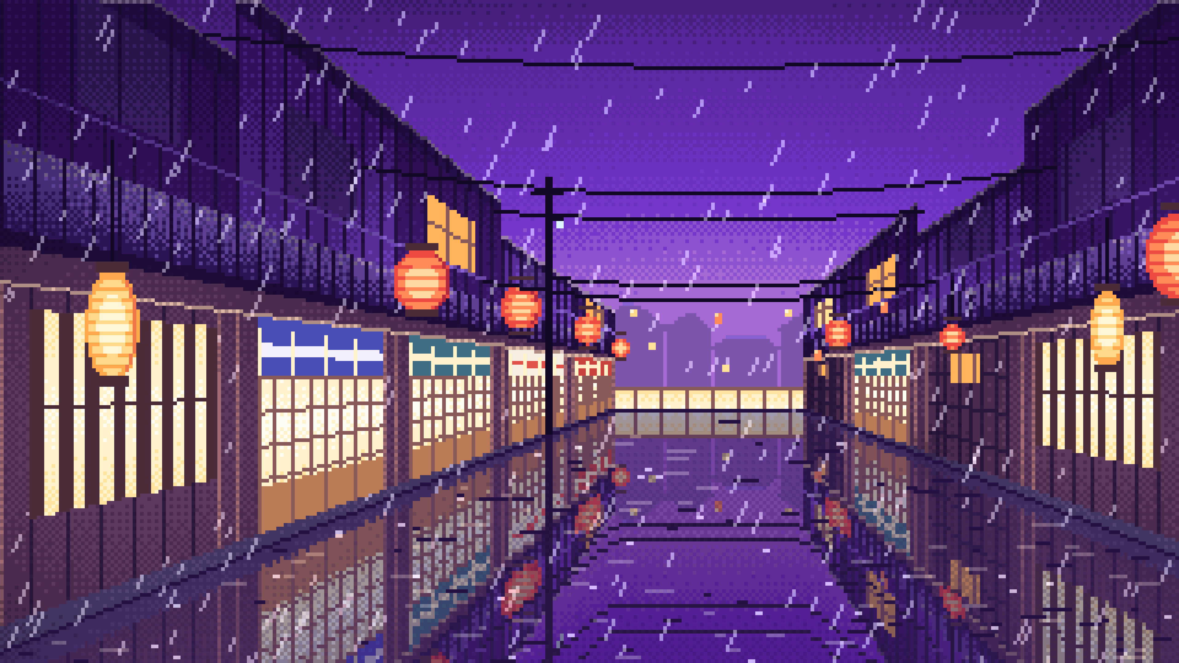 Purple Pixel Art Japanese Alley at Night in the Rain desktop wallpaper in 4K