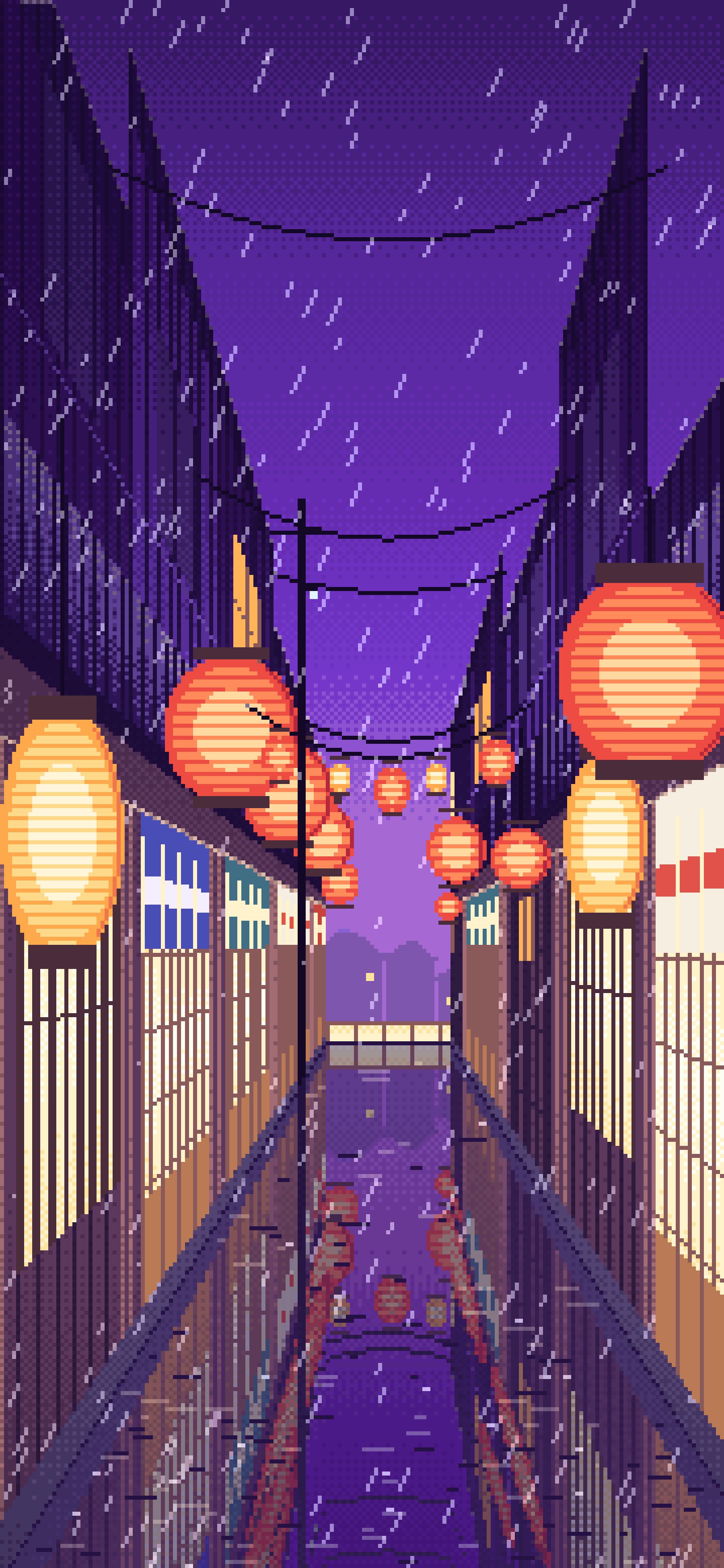 Purple Pixel Art Japanese Alley at Night in the Rain wallpaper for iPhone and Android
