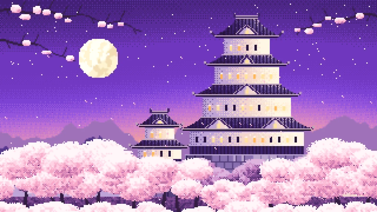 Purple Pixel Art Japanese Castle and Cherry Blossom at Dusk desktop wallpaper in 4K