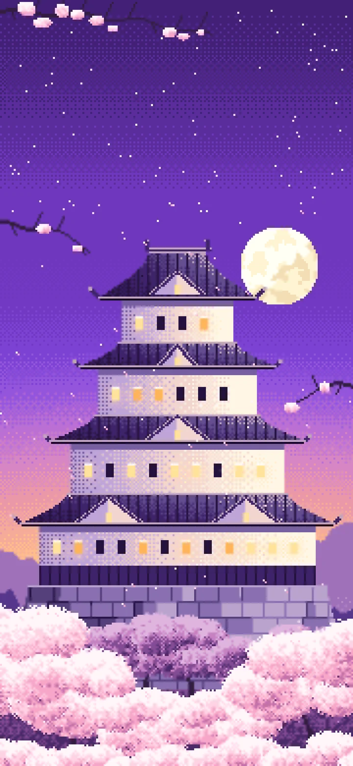 Purple Pixel Art Japanese Castle and Cherry Blossom at Dusk wallpaper for iPhone and Android