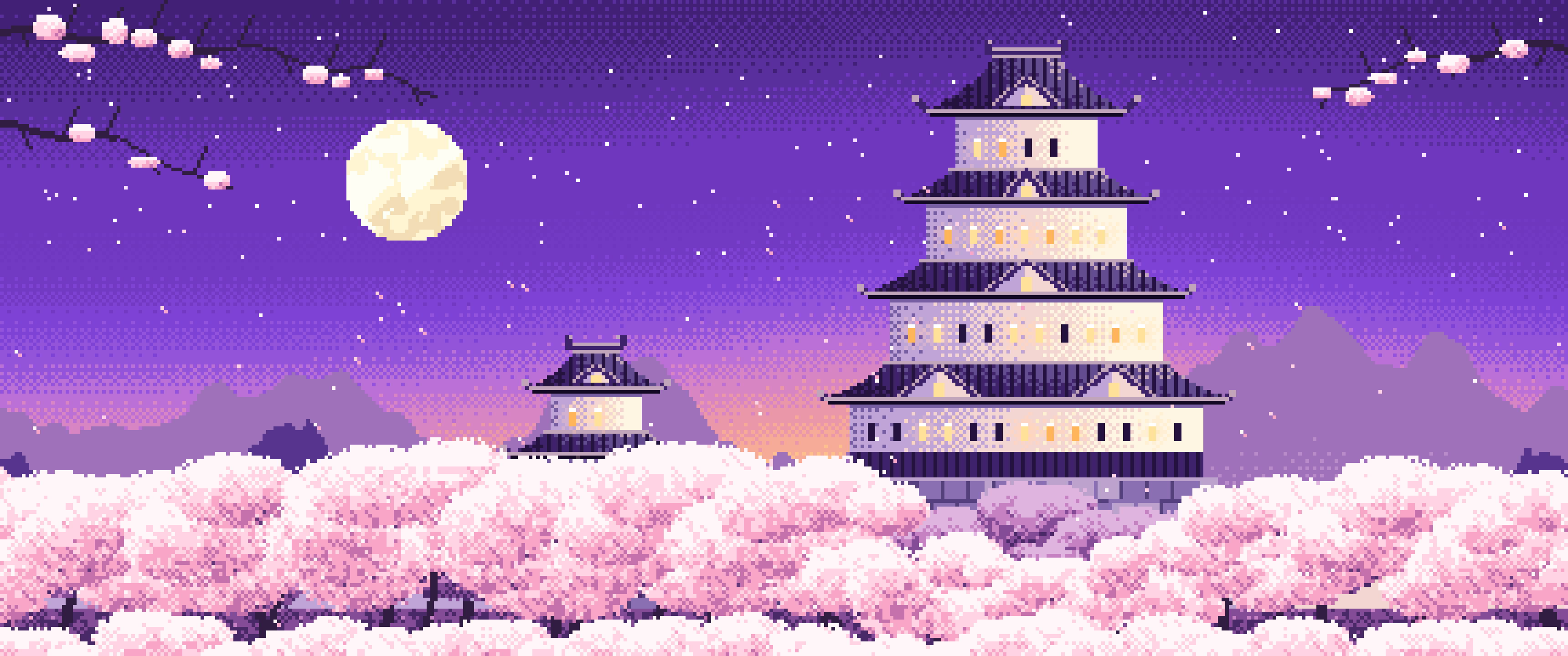 Purple Pixel Art Japanese Castle and Cherry Blossom at Dusk ultrawide wallpaper, 3440 × 1440