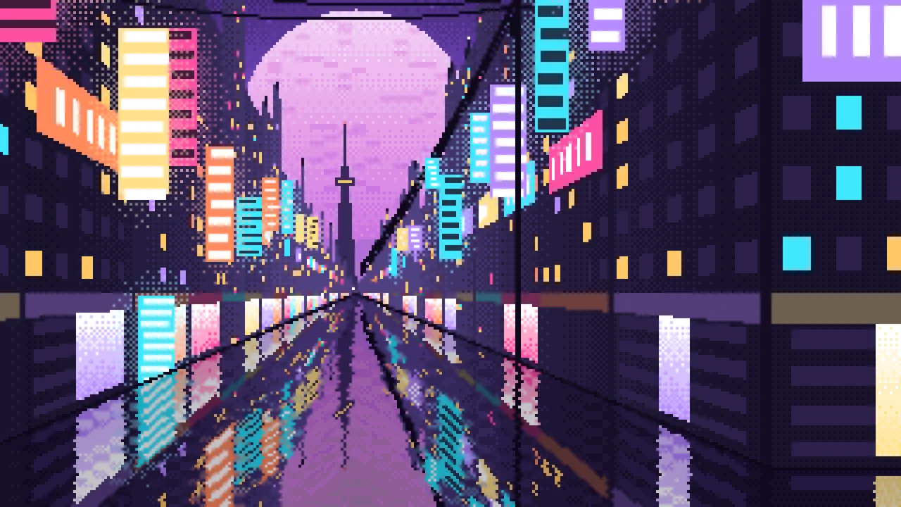 Purple Pixel Art Japanese City Street desktop wallpaper in 4K