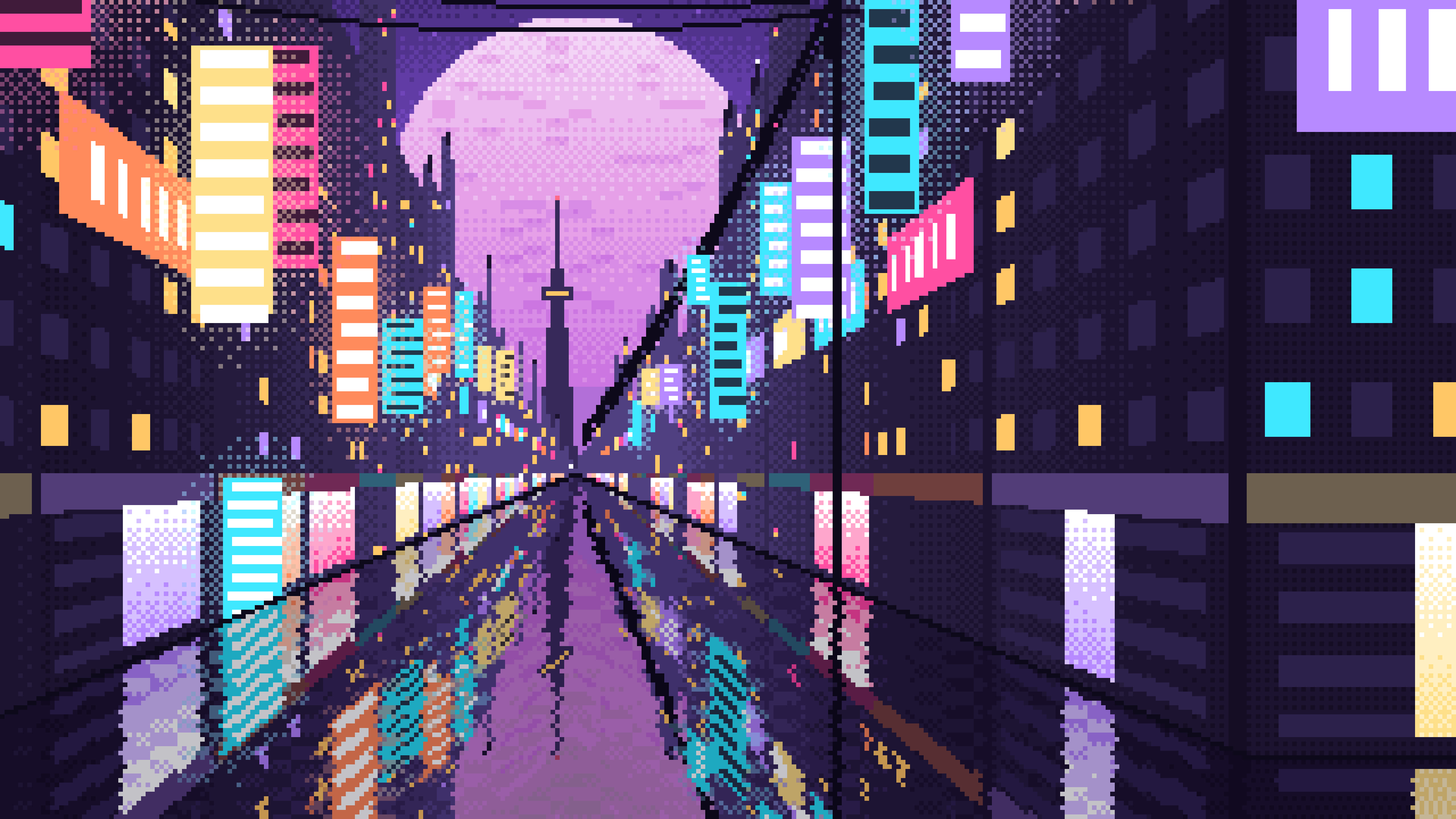 Purple Pixel Art Japanese City Street desktop wallpaper in 4K