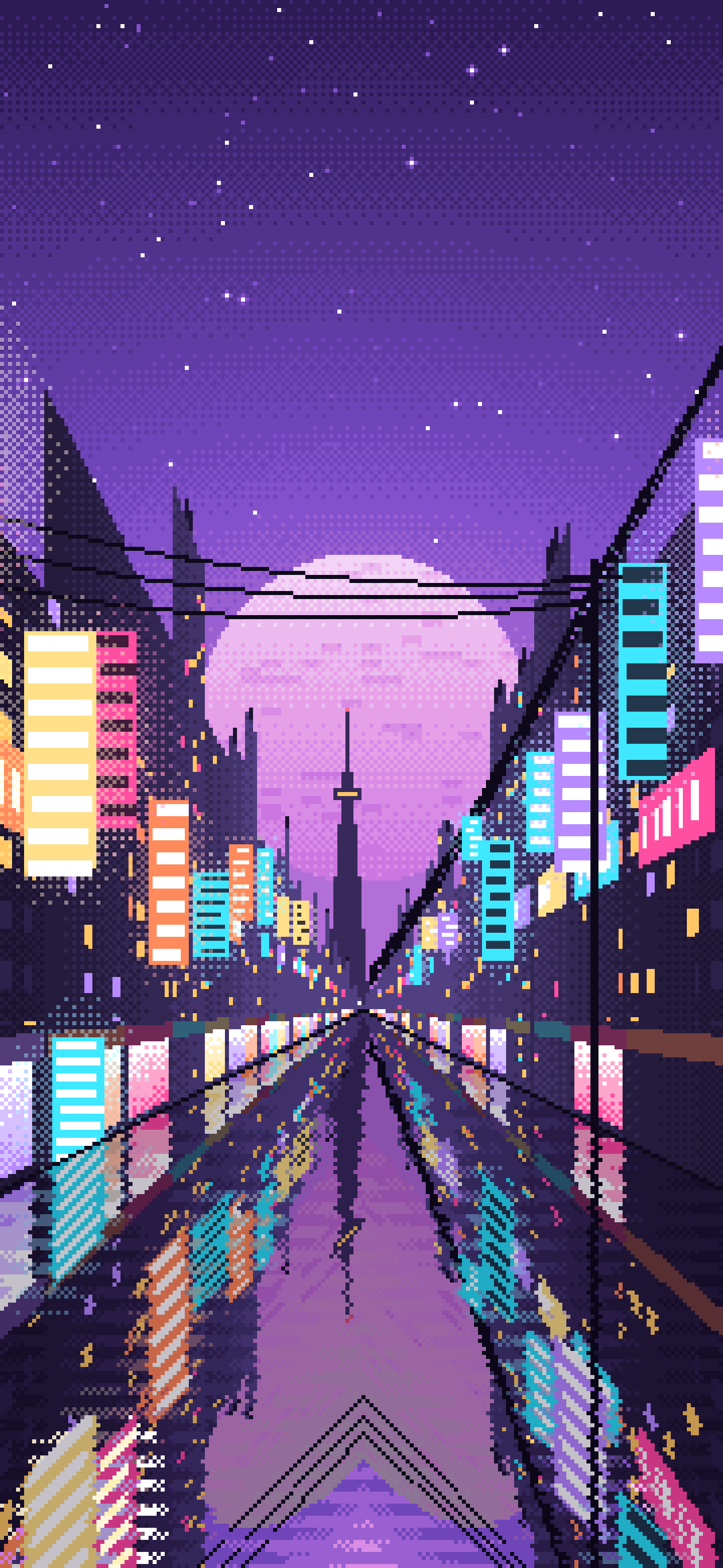 Purple Pixel Art Japanese City Street wallpaper for iPhone and Android