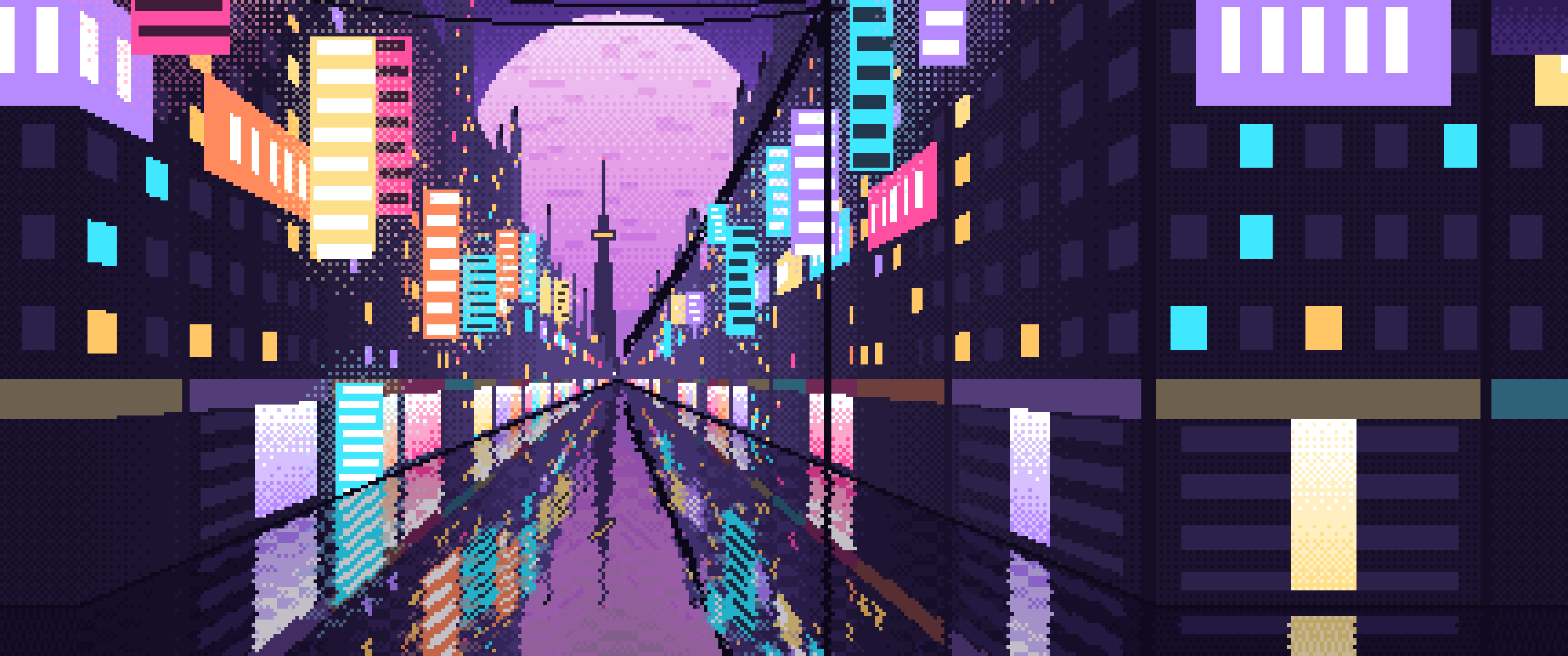 Purple Pixel Art Japanese City Street ultrawide wallpaper, 3440 × 1440