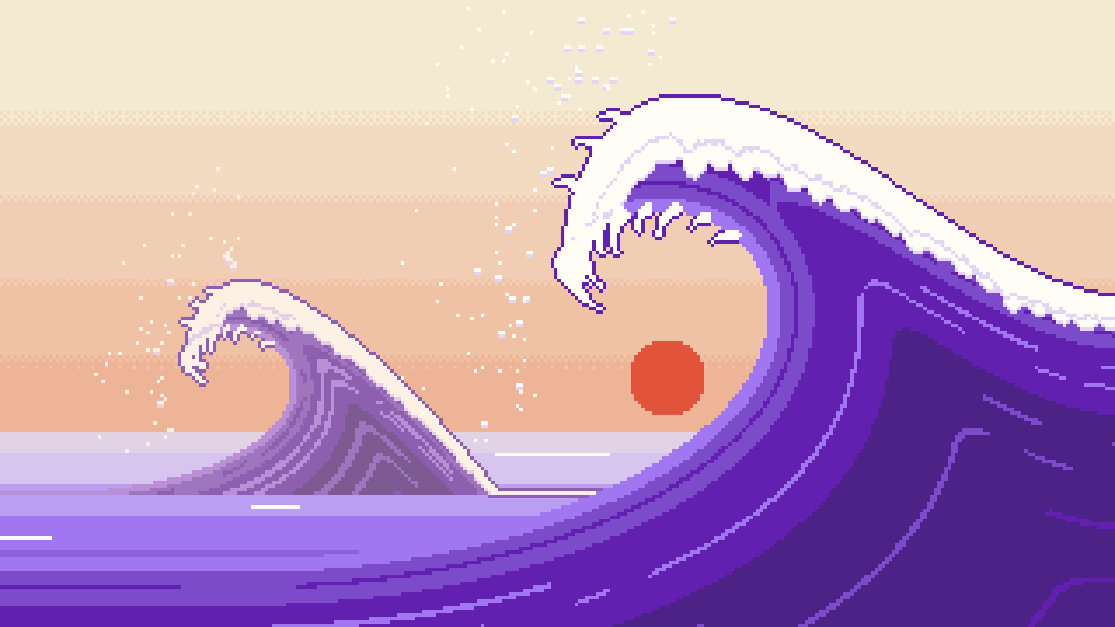 Purple Pixel Art Japanese Great Wave desktop wallpaper in 4K