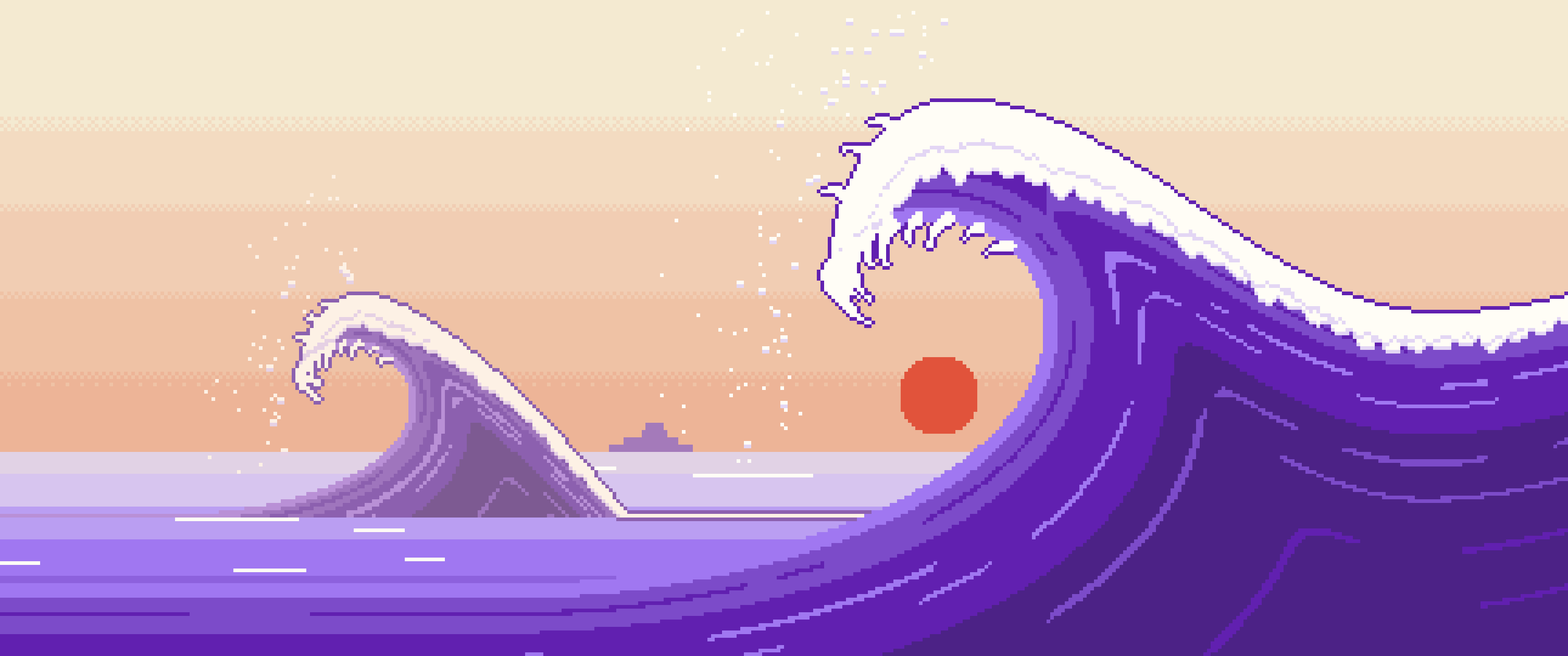 Purple Pixel Art Japanese Great Wave ultrawide wallpaper, 3440 × 1440