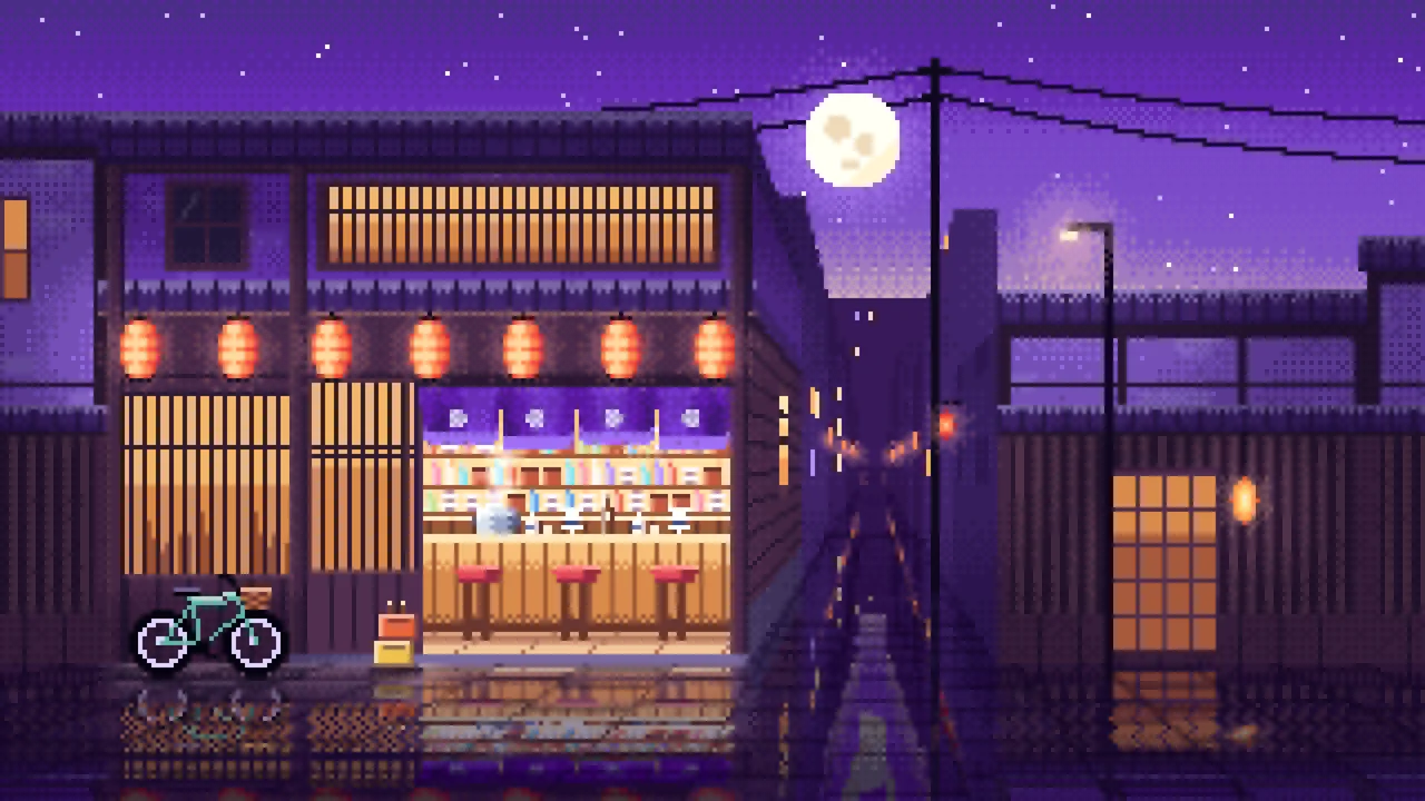 Purple Pixel Art Japanese Izakaya desktop wallpaper in 4K