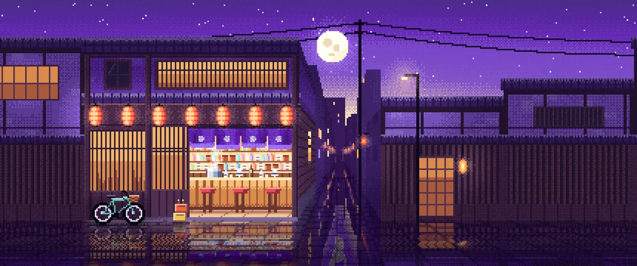 Purple Pixel Art Japanese Izakaya ultrawide wallpaper, 3440 × 1440