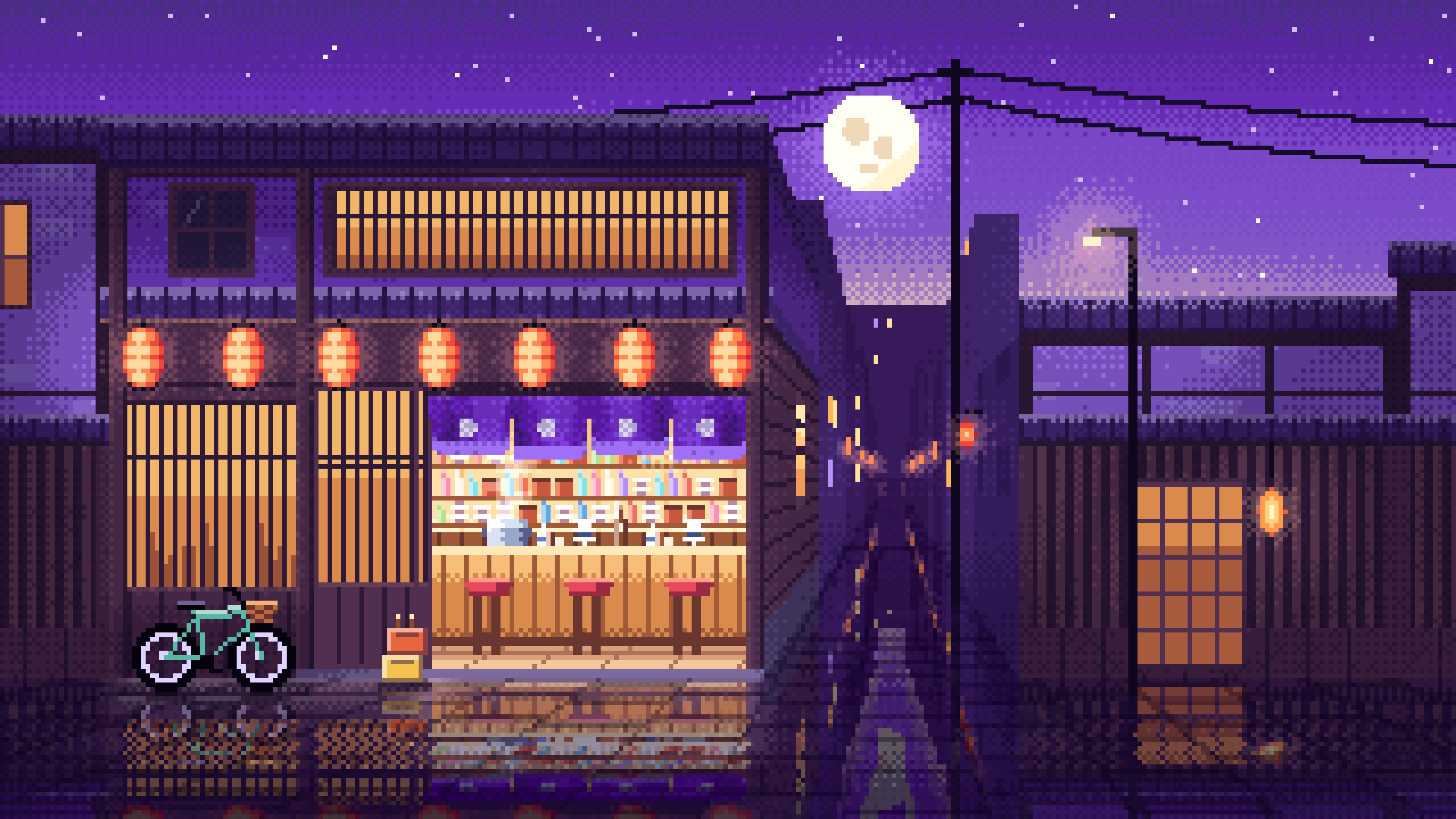 Purple Pixel Art Japanese Izakaya desktop wallpaper in 4K