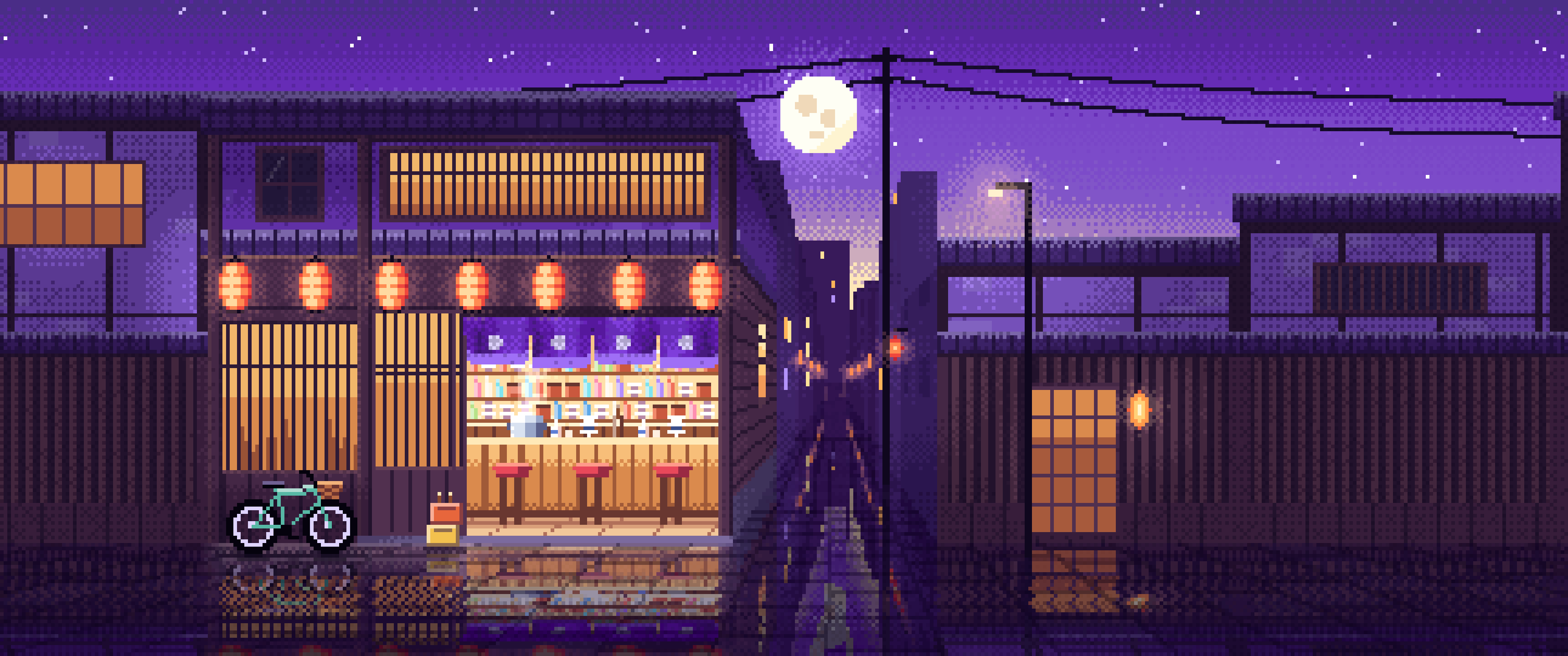 Purple Pixel Art Japanese Izakaya ultrawide wallpaper, 3440 × 1440