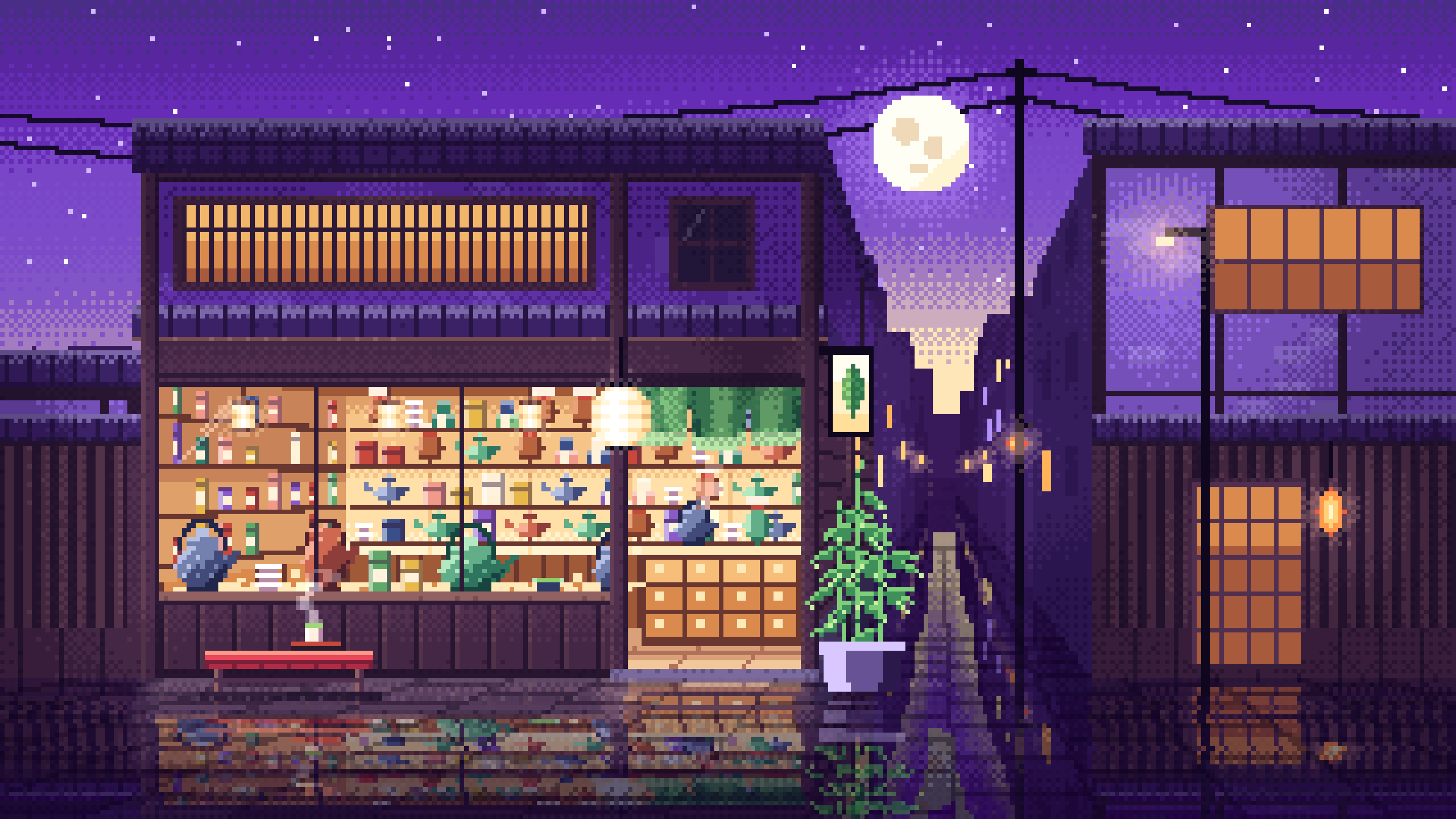 Purple Pixel Art Japanese Tea Shop desktop wallpaper in 4K
