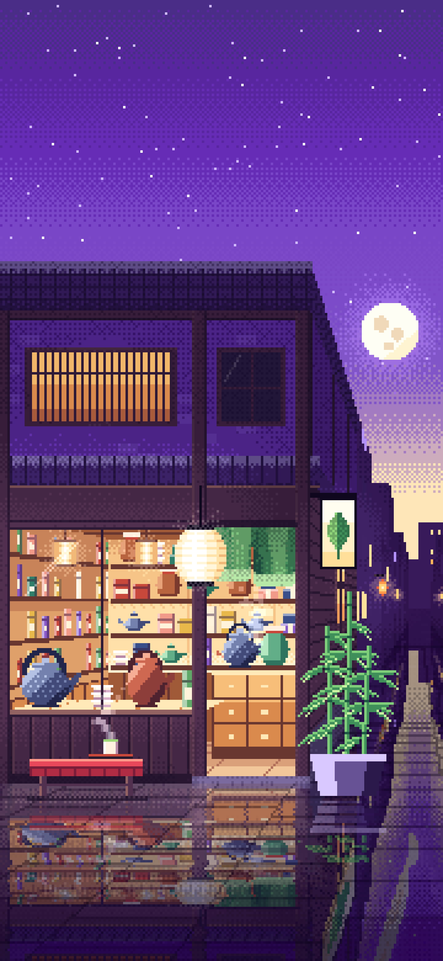 Purple Pixel Art Japanese Tea Shop wallpaper for iPhone and Android