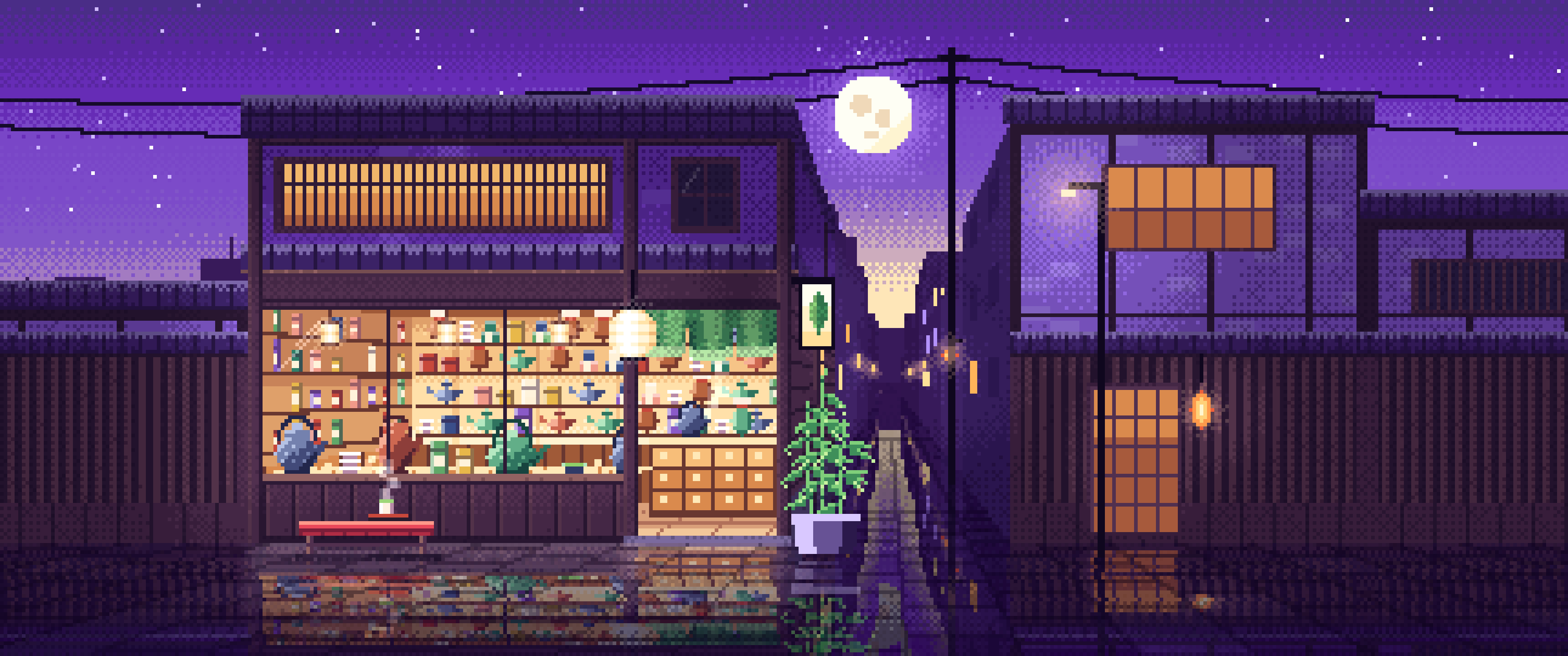 Purple Pixel Art Japanese Tea Shop ultrawide wallpaper, 3440 × 1440