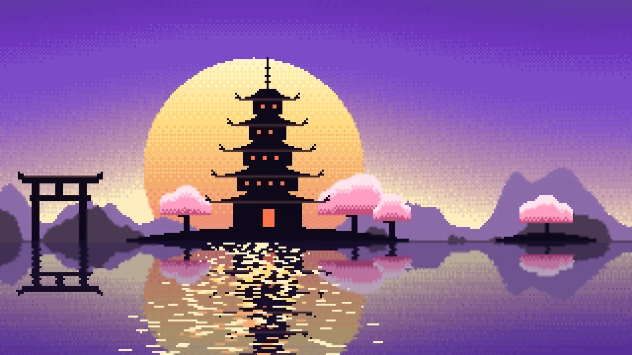 Purple Pixel Art Japanese Temple desktop wallpaper in 4K