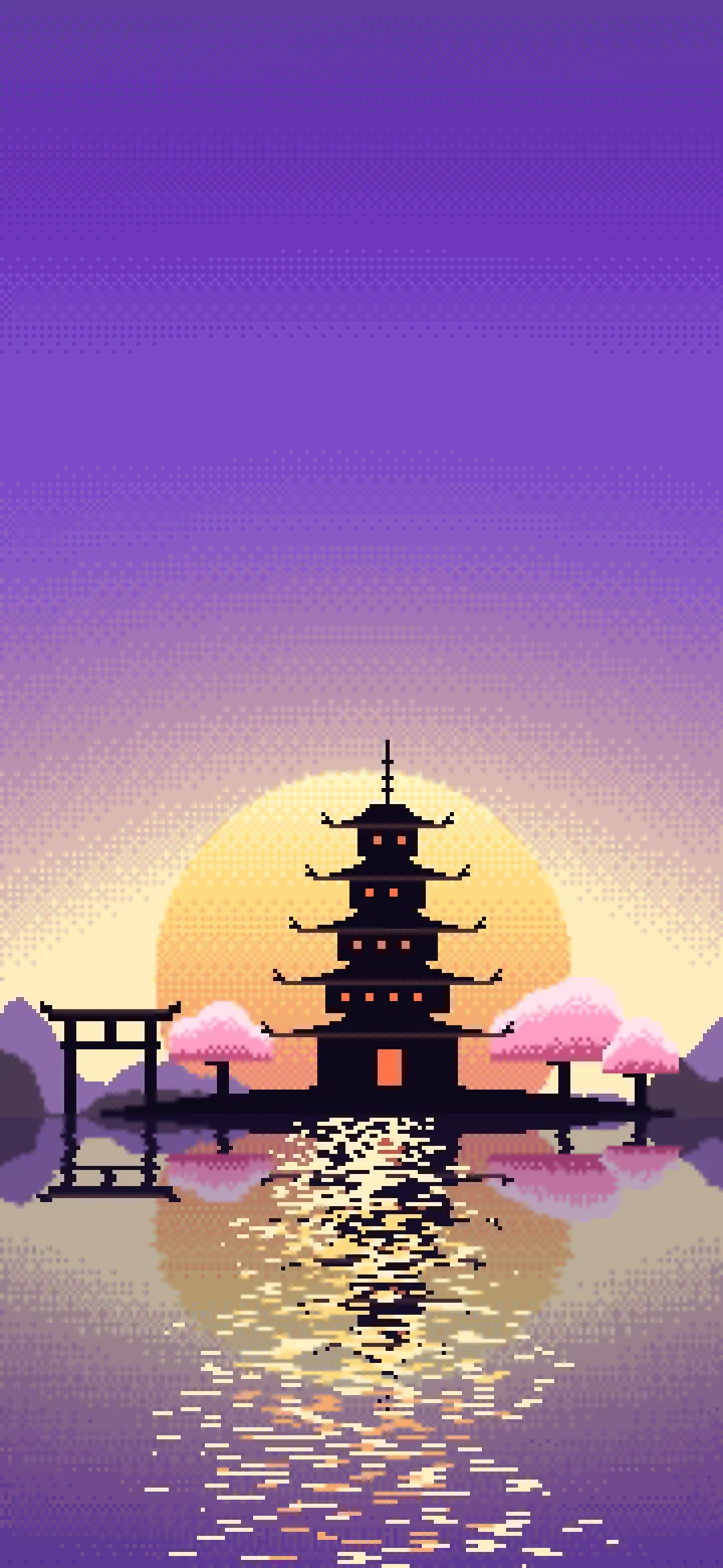 Purple Pixel Art Japanese Temple wallpaper for iPhone and Android