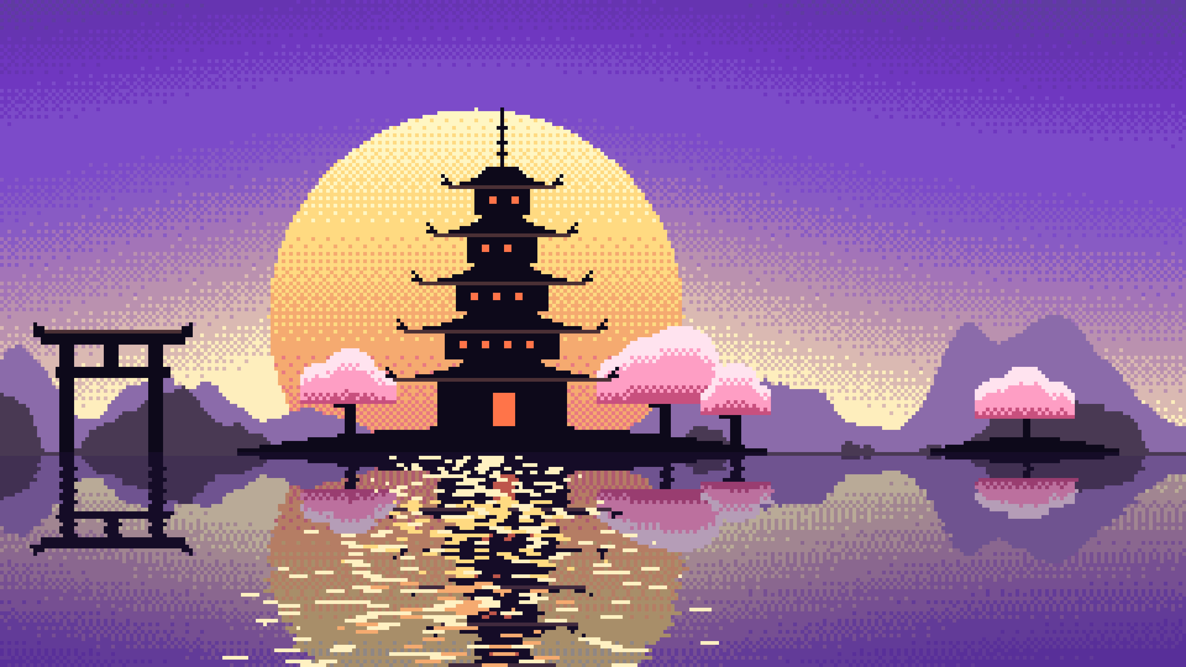 Purple Pixel Art Japanese Temple desktop wallpaper in 4K